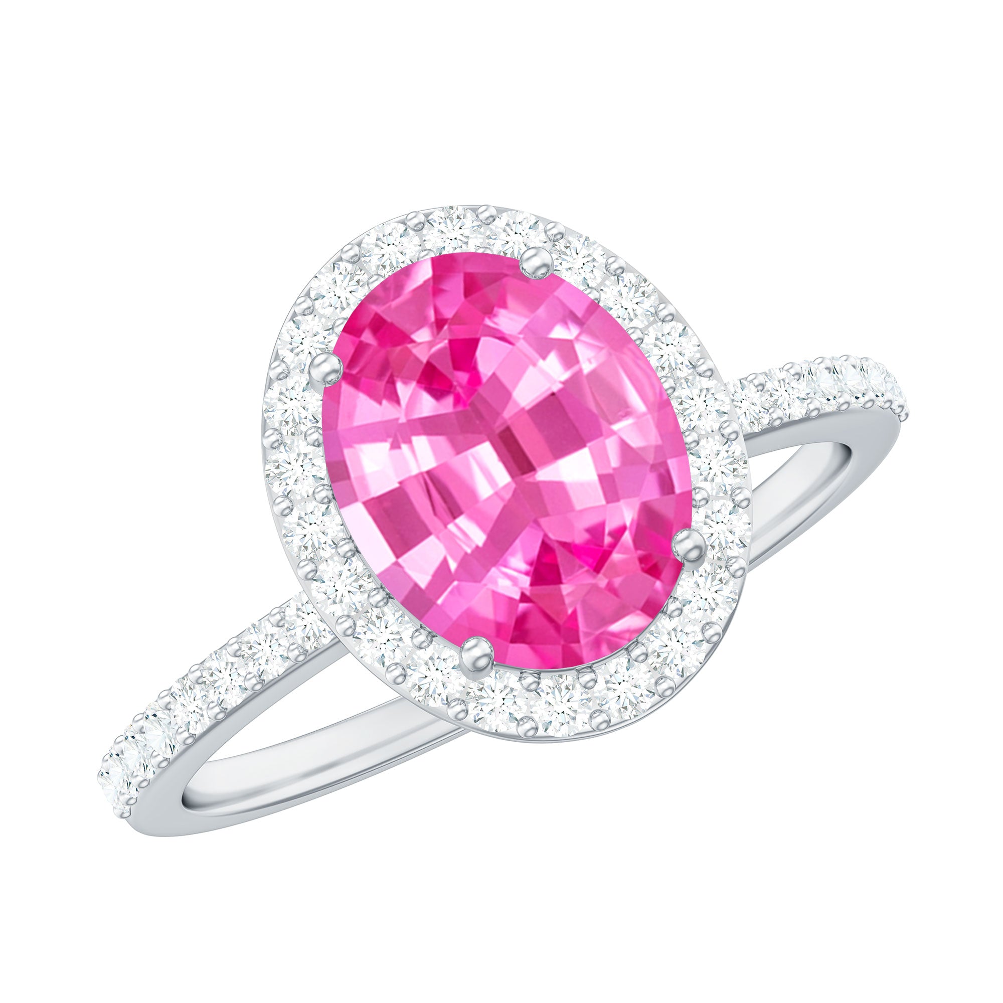 Oval Cut Created Pink Sapphire and Diamond Halo Ring