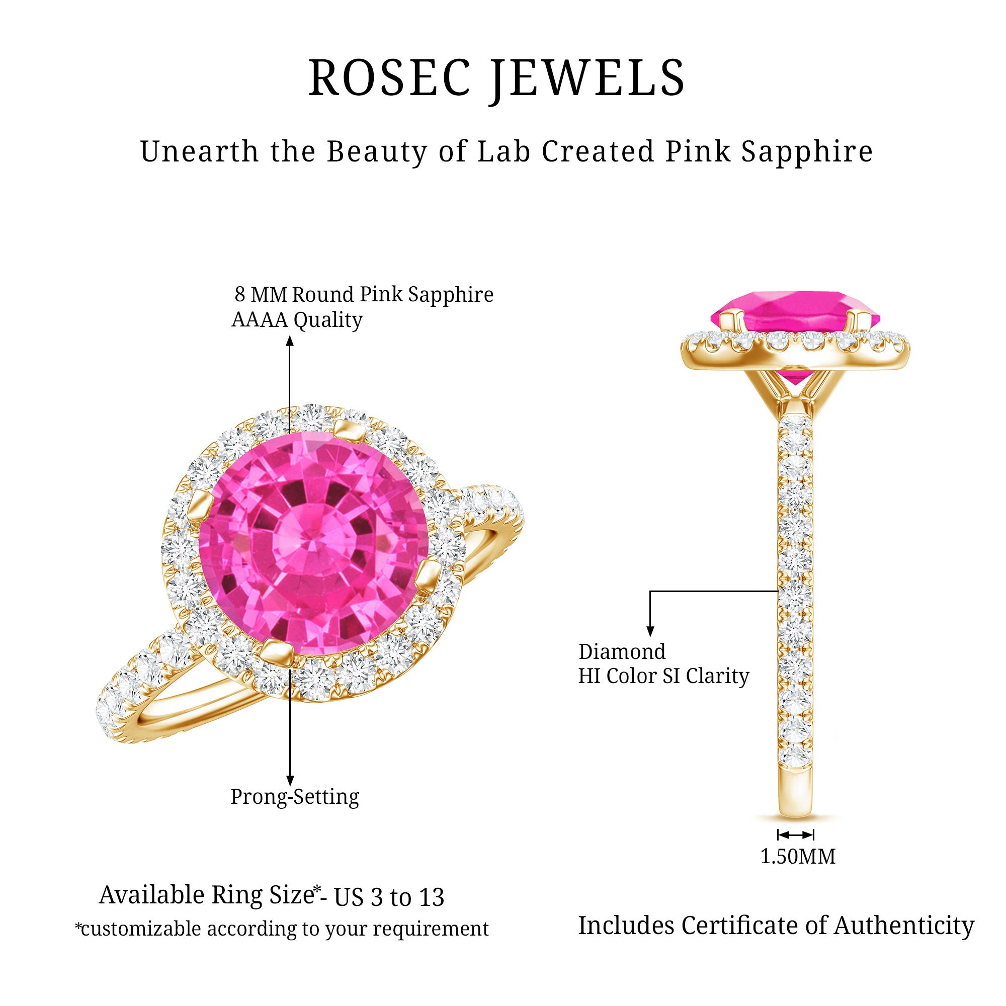 2.25 Carat Round Lab Grown Pink Sapphire and Diamond Engagement Ring AAAA - Rosec Jewels