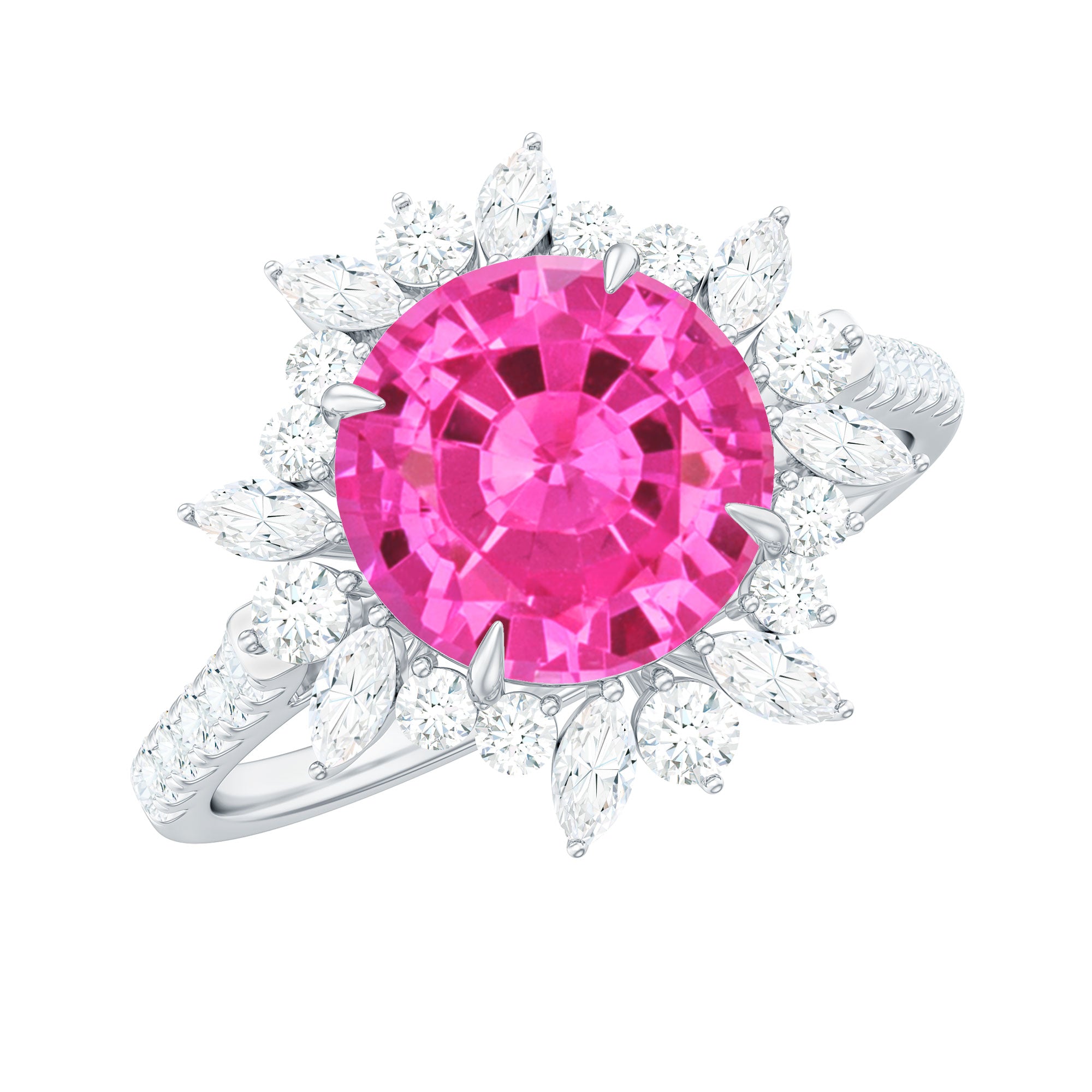Created Pink Sapphire Cocktail Ring with Moissanite Floral Halo