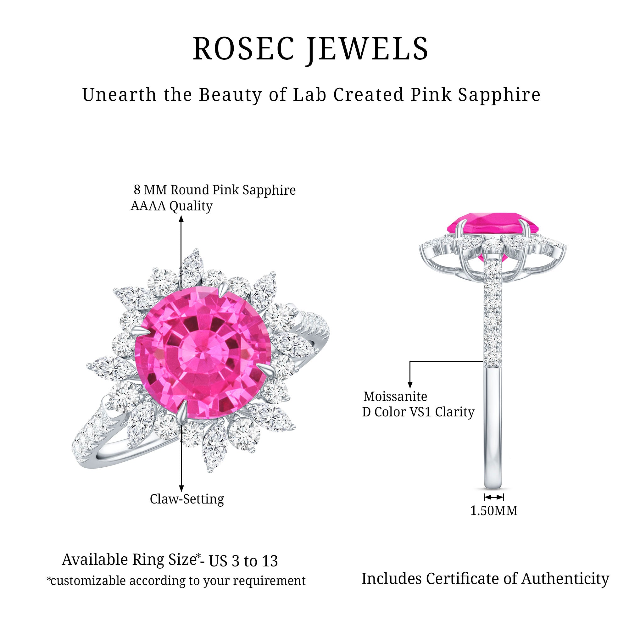 Created Pink Sapphire Cocktail Ring with Moissanite Floral Halo AAAA - Rosec Jewels