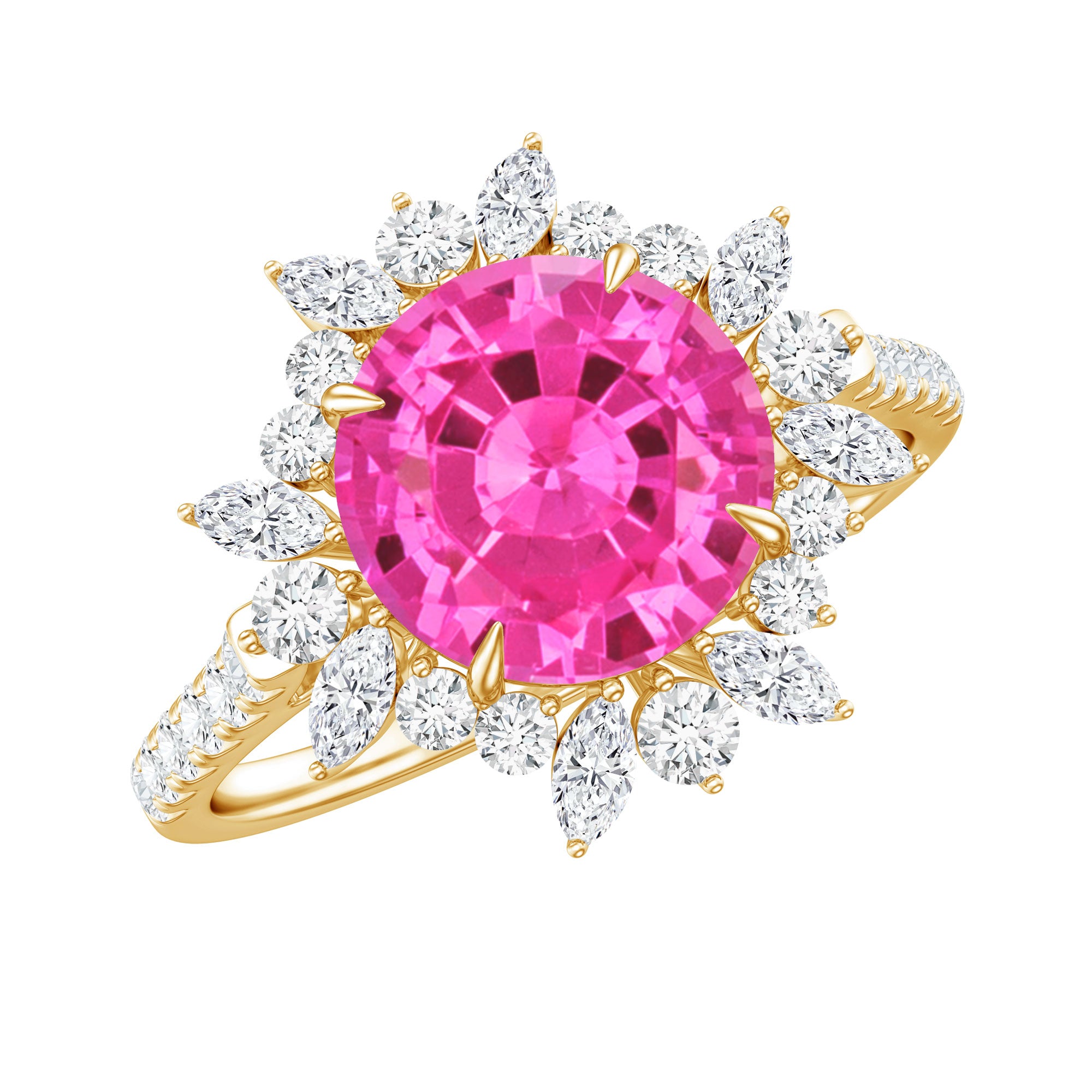 Created Pink Sapphire Cocktail Ring with Moissanite Floral Halo AAAA - Rosec Jewels
