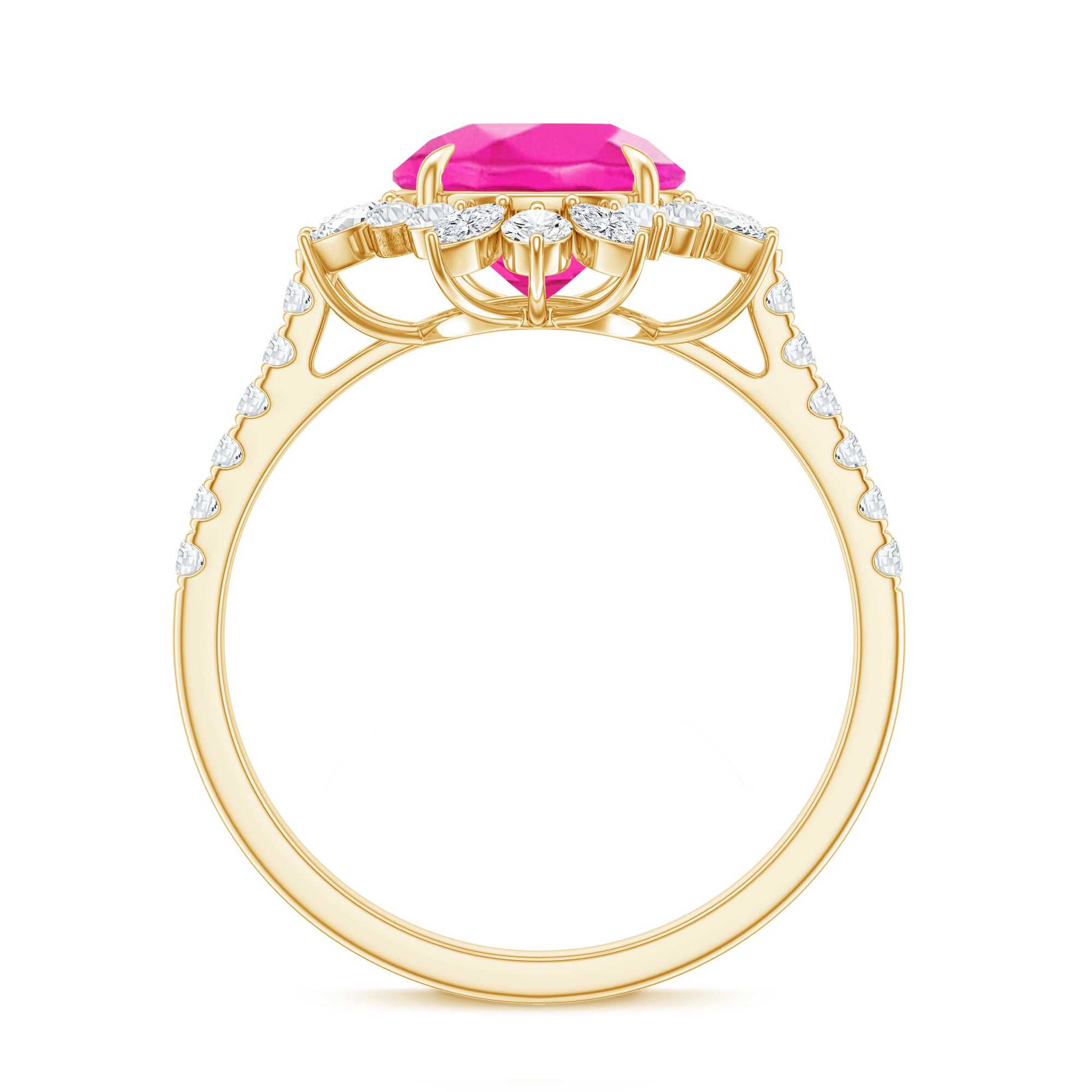 Created Pink Sapphire Cocktail Ring with Moissanite Floral Halo AAAA - Rosec Jewels