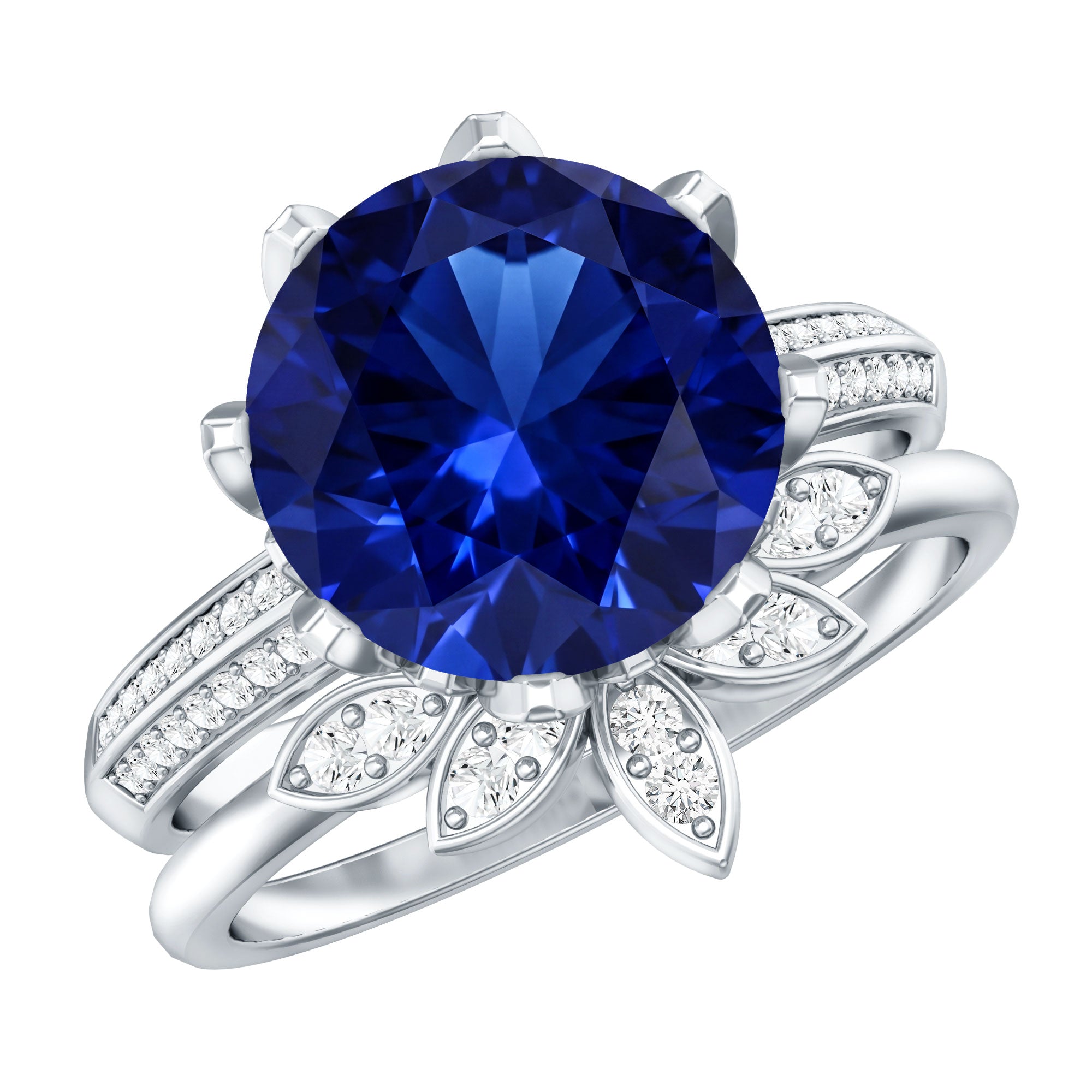 Nature Inspired 4.5 Carat Lab Grown Blue Sapphire Diamond Engagement Ring with Enhancer AAAA - Rosec Jewels