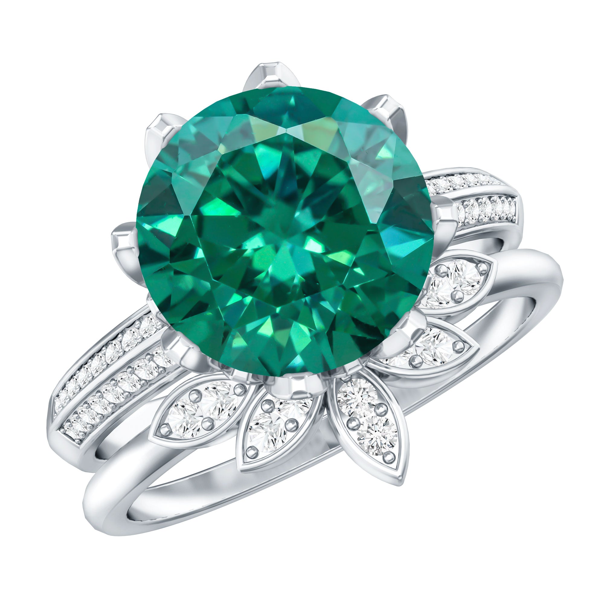 Floral Inspired Lab Grown Emerald Bridal Engagement Ring With Moissanite Enhancer AAAA - Rosec Jewels