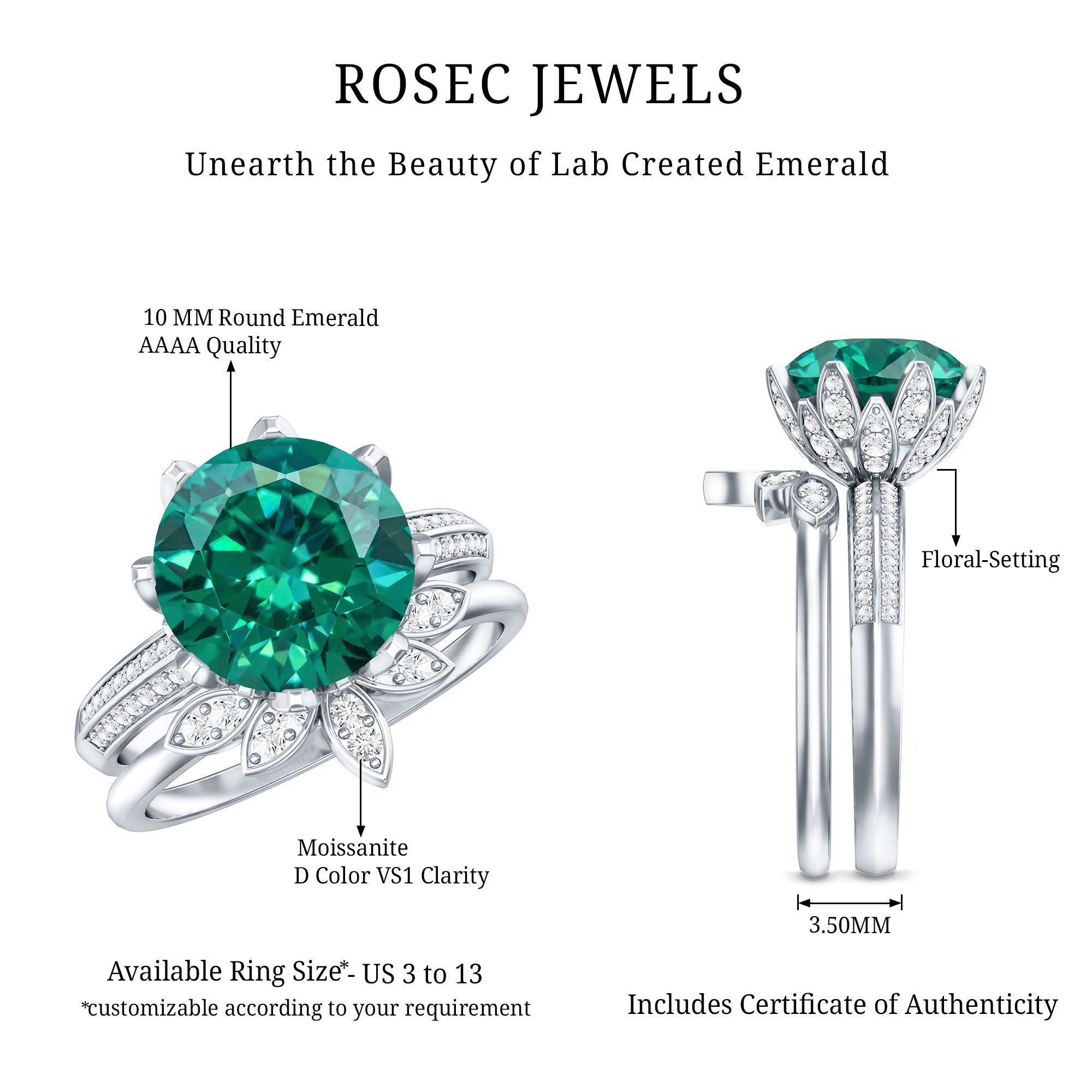 Floral Inspired Lab Grown Emerald Bridal Engagement Ring With Moissanite Enhancer AAAA - Rosec Jewels