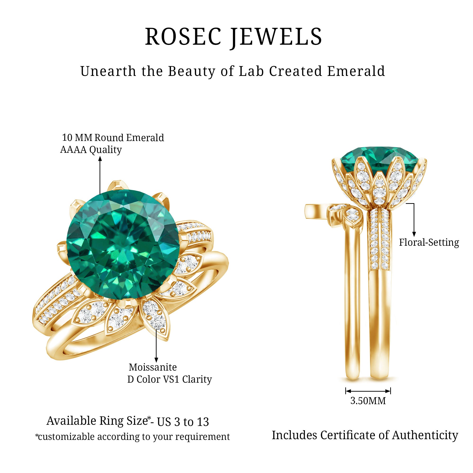 Floral Inspired Lab Grown Emerald Bridal Engagement Ring With Moissanite Enhancer AAAA - Rosec Jewels