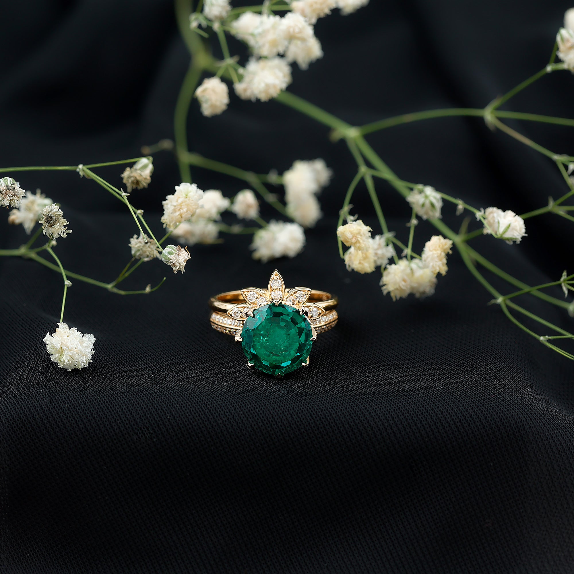 Floral Inspired Lab Grown Emerald Bridal Engagement Ring With Moissanite Enhancer AAAA - Rosec Jewels