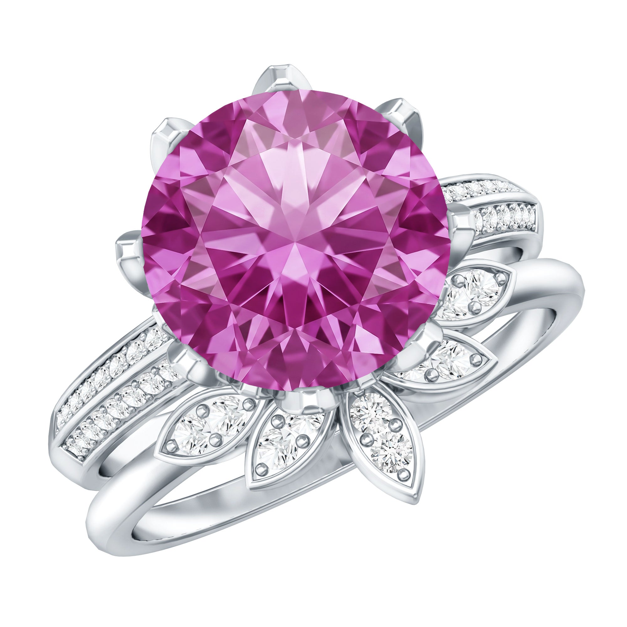 Floral Inspired Lab Grown Pink Sapphire Bridal Wedding Ring Set With Moissanite AAAA - Rosec Jewels