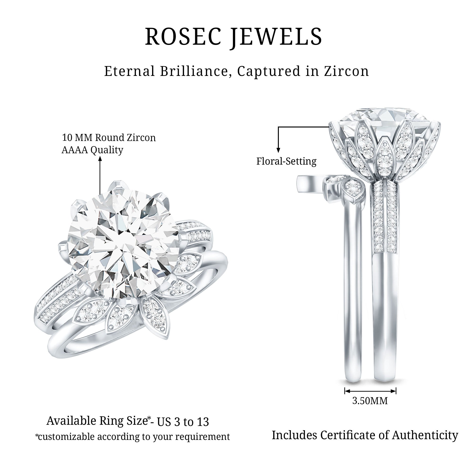 Cubic Zirconia Floral Inspired Wedding Ring Set For Women AAAA - Rosec Jewels
