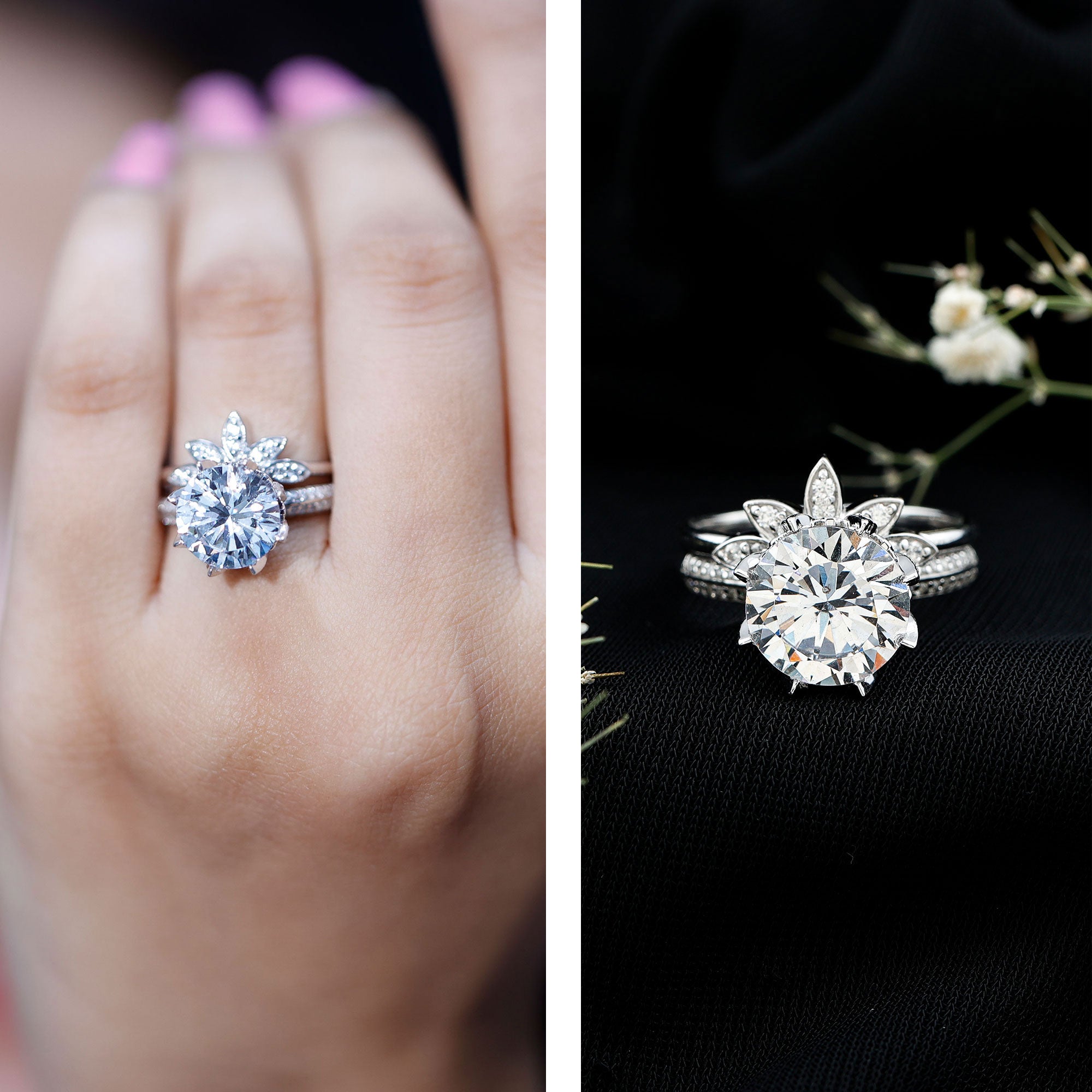 Cubic Zirconia Floral Inspired Wedding Ring Set For Women AAAA - Rosec Jewels