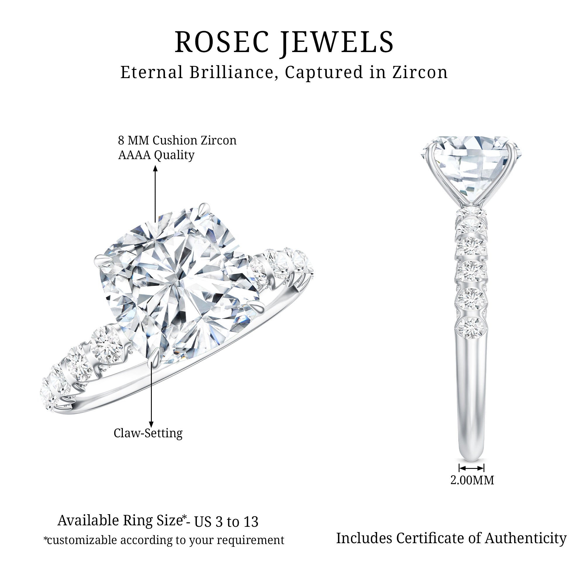 Cushion Cut Zircon Engagement Ring with Side Stones AAAA - Rosec Jewels