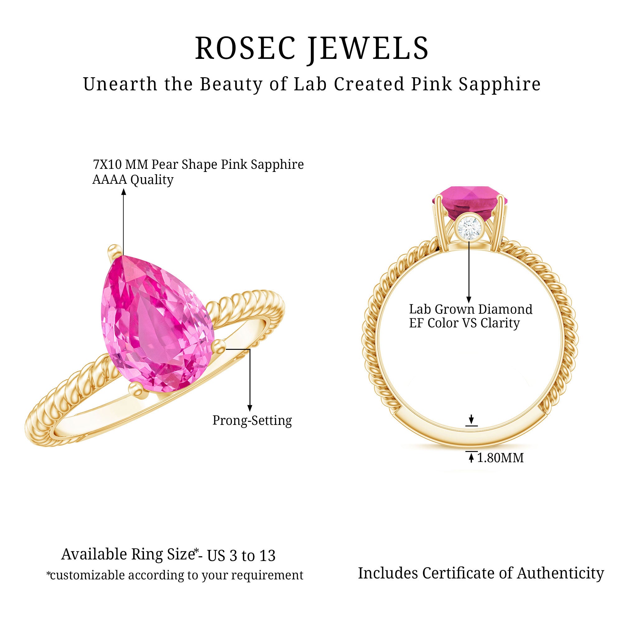 2.5 Carat Lab Created Pink Sapphire Teardrop Engagement Ring with Surprise Diamond AAAA - Rosec Jewels