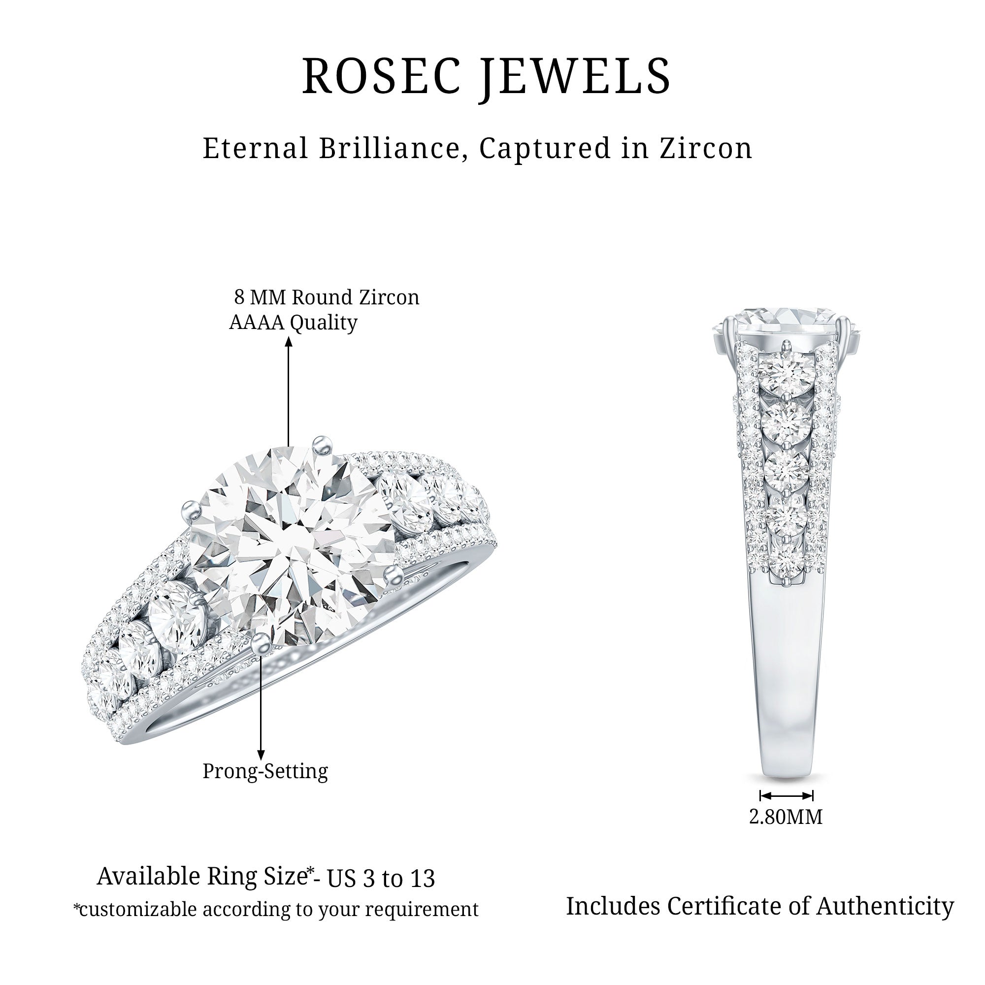 Round Cubic Zirconia Engagement Ring with Side Stones AAAA - Rosec Jewels