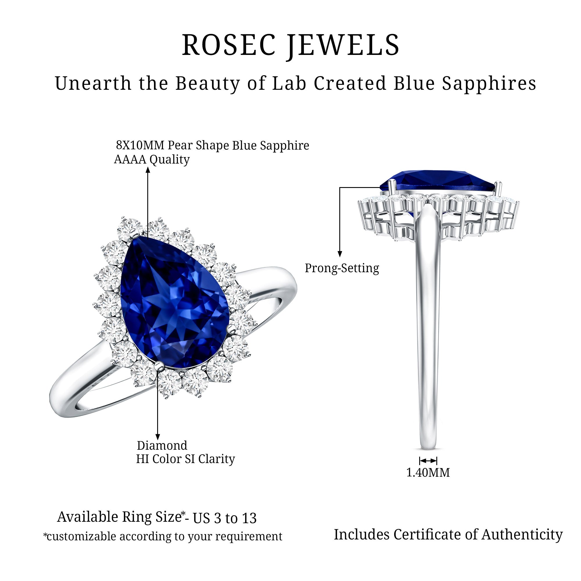 Certified 3.3 Carat Lab Grown Pear Shaped Blue Sapphire Engagement Ring with Diamond Halo AAAA - Rosec Jewels