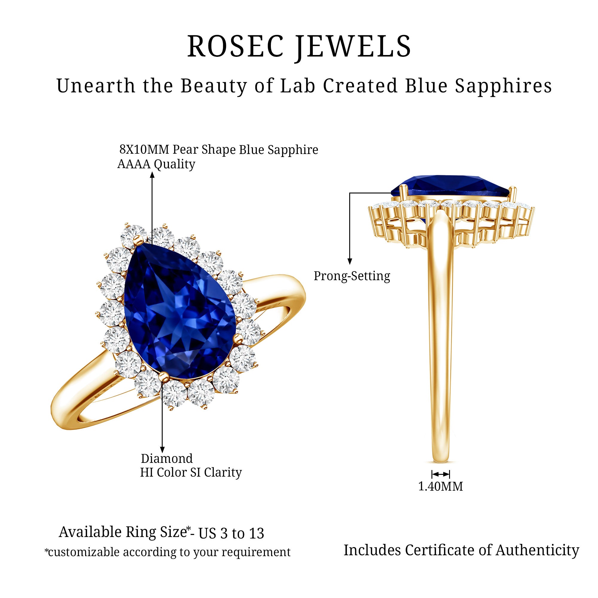 Certified 3.3 Carat Lab Grown Pear Shaped Blue Sapphire Engagement Ring with Diamond Halo AAAA - Rosec Jewels