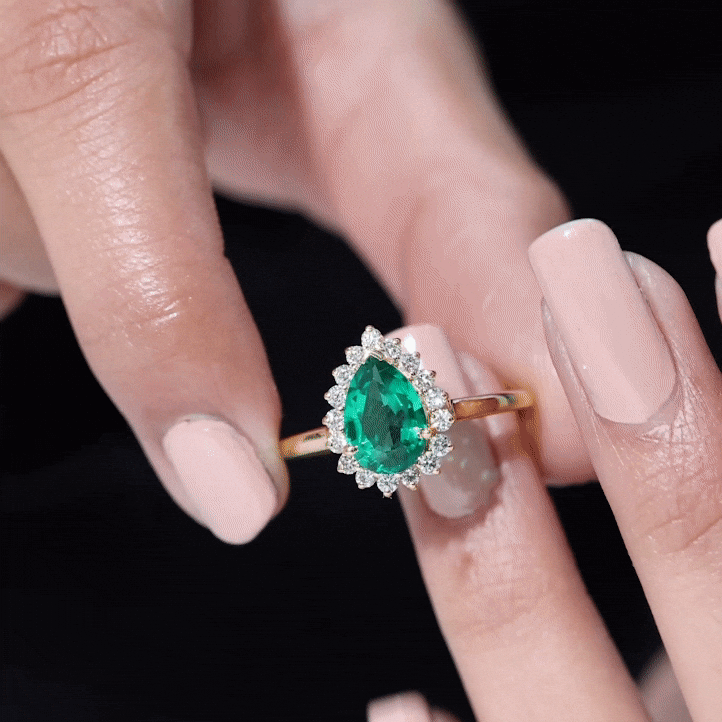 2 Carat Pear Cut Lab Created Emerald Halo Engagement Ring with Diamond AAAA - Rosec Jewels