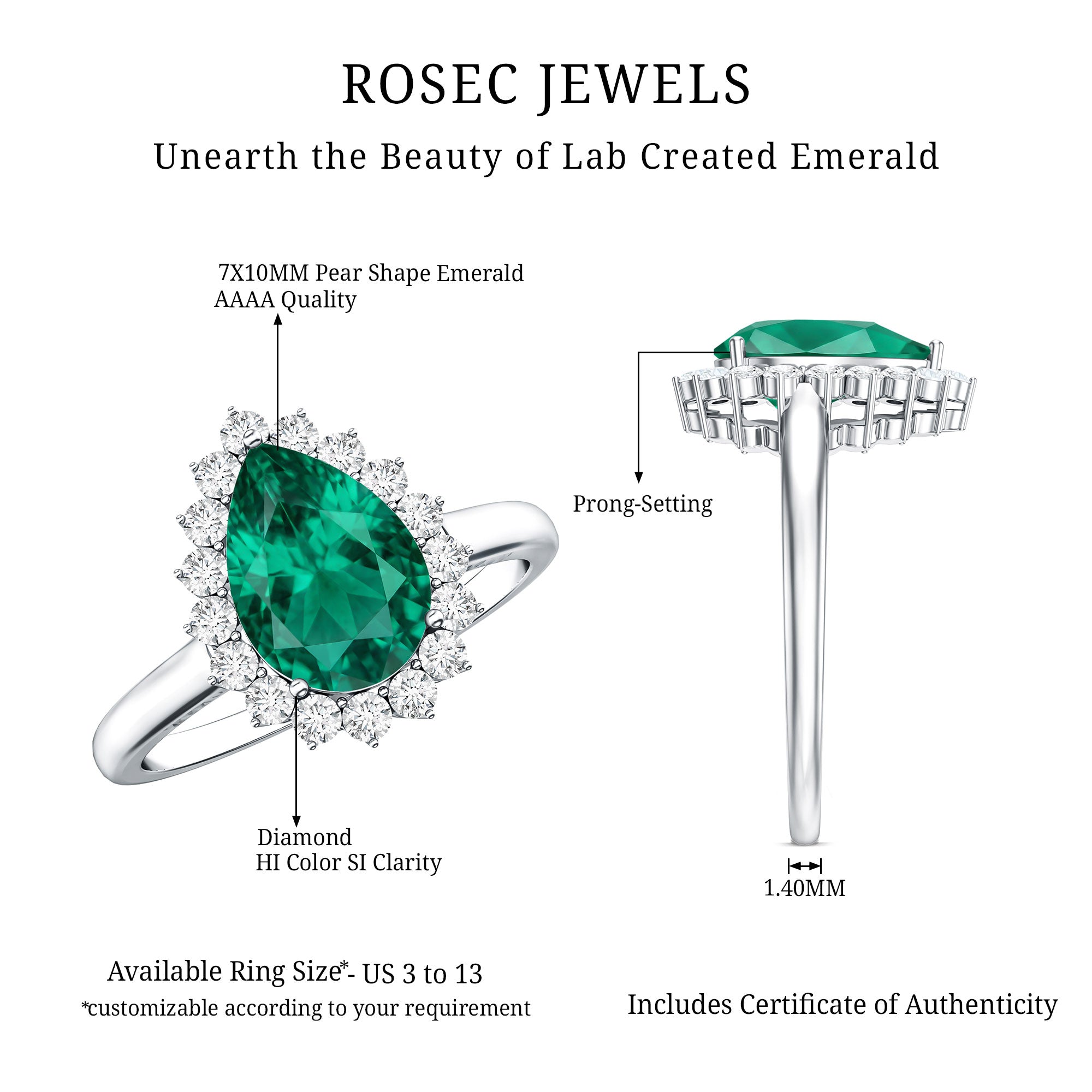 2 Carat Pear Cut Lab Created Emerald Halo Engagement Ring with Diamond AAAA - Rosec Jewels