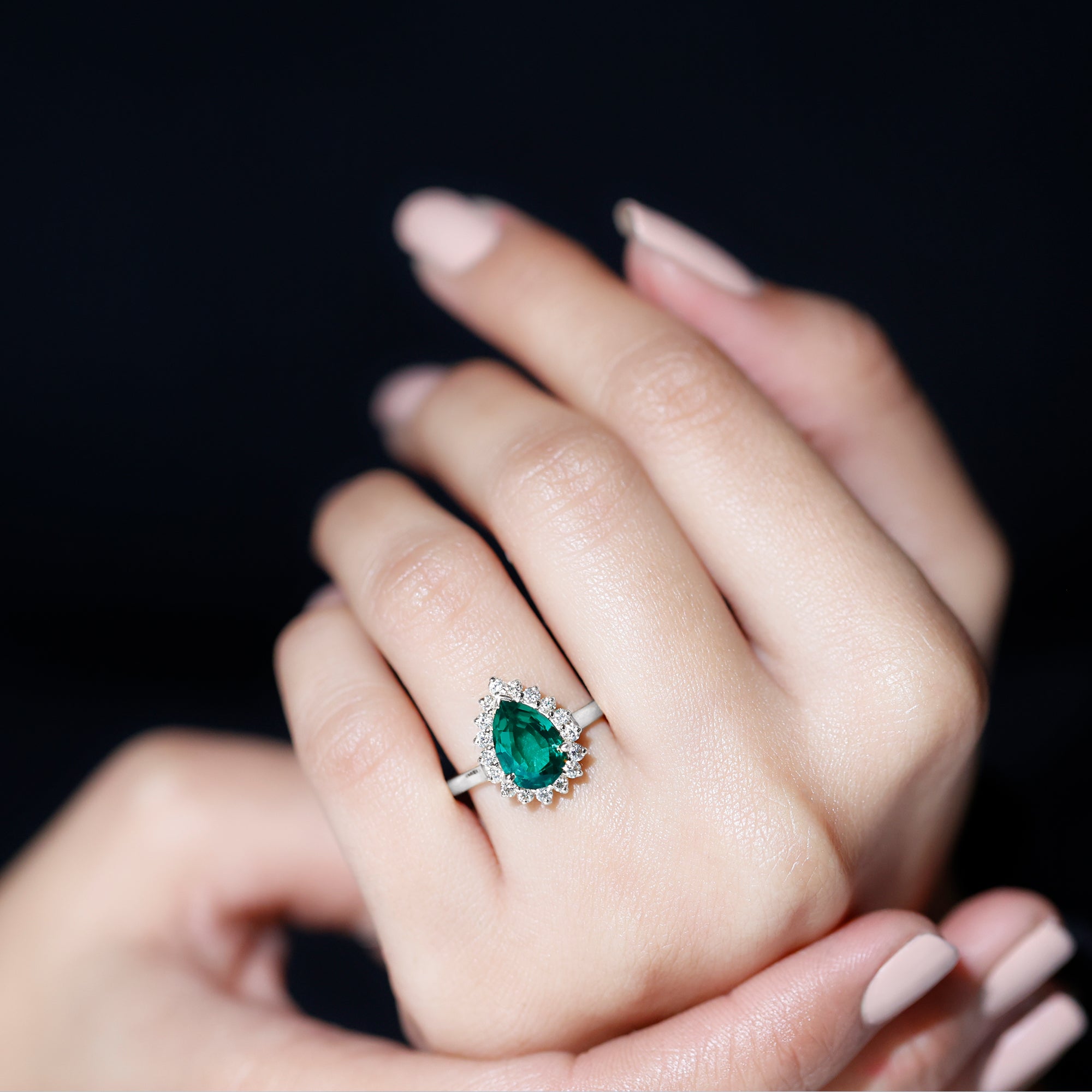 2 Carat Pear Cut Lab Created Emerald Halo Engagement Ring with Diamond AAAA - Rosec Jewels