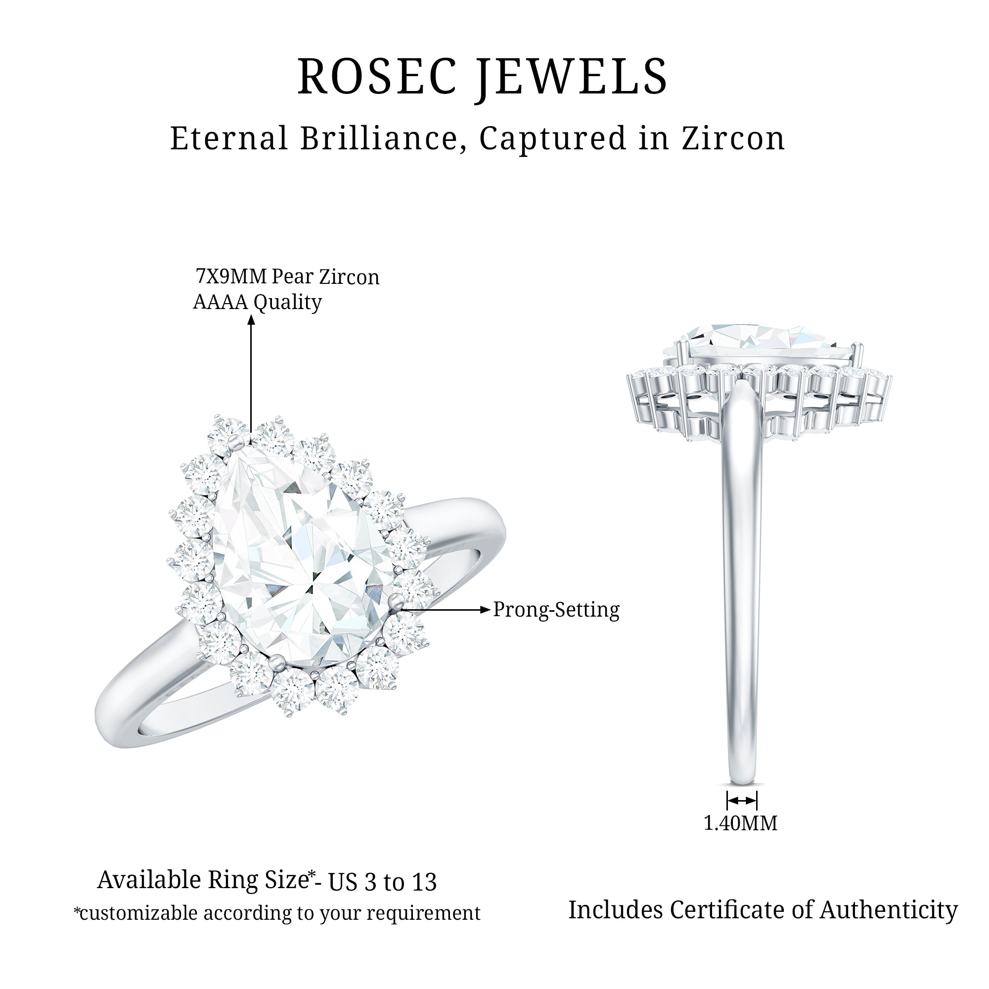 1.4 Carat Cubic Zirconia Teardrop Halo Engagement Ring AAAA - Rosec Jewels