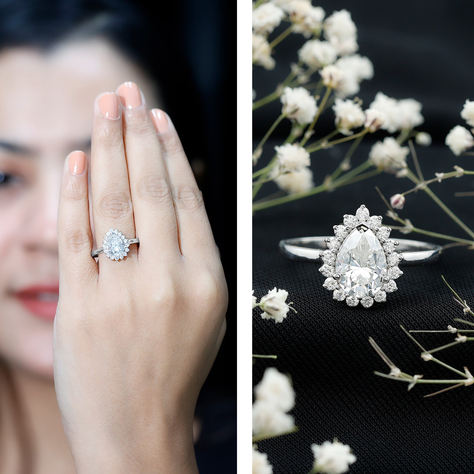 1.4 Carat Cubic Zirconia Teardrop Halo Engagement Ring AAAA - Rosec Jewels
