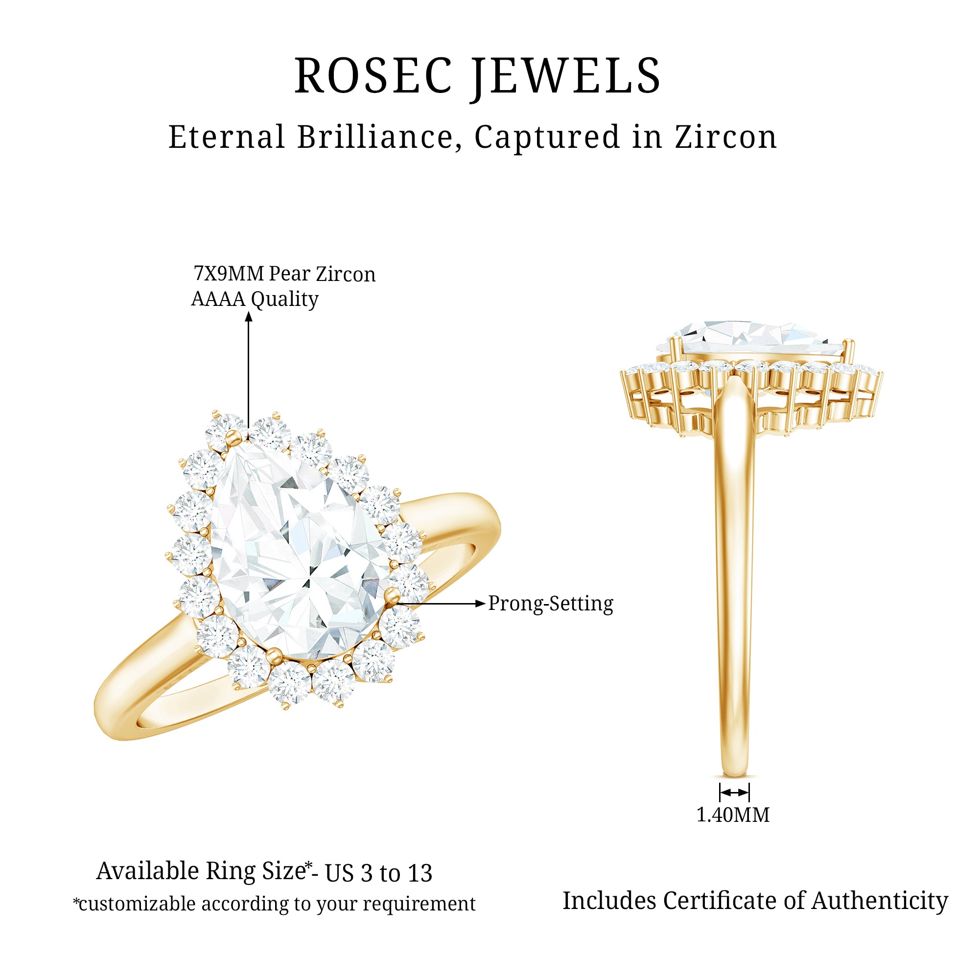 1.4 Carat Cubic Zirconia Teardrop Halo Engagement Ring AAAA - Rosec Jewels