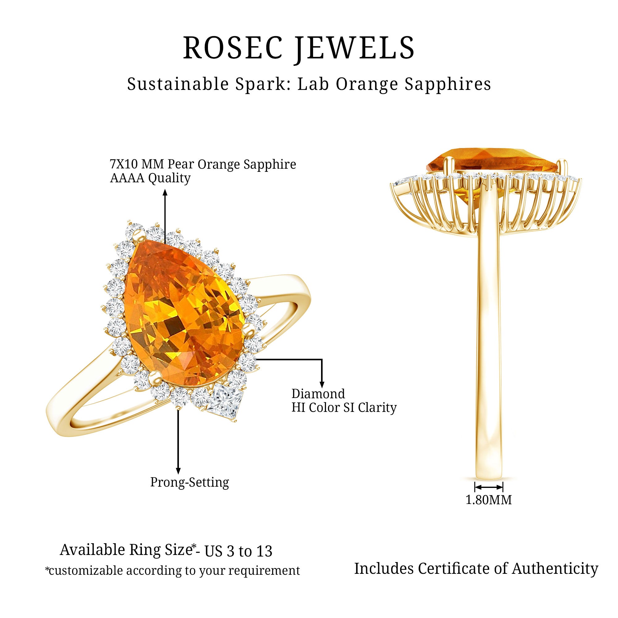 Certified 2.5 Carat Lab Grown Orange Sapphire Engagement Ring with Real Diamond Halo AAAA - Rosec Jewels