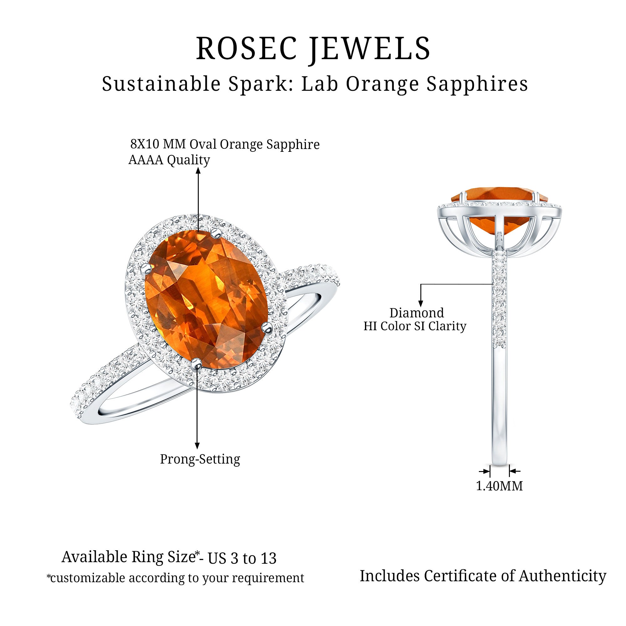 4 Carat Lab Grown Orange Sapphire Oval Engagement Ring with Diamond Halo AAAA - Rosec Jewels