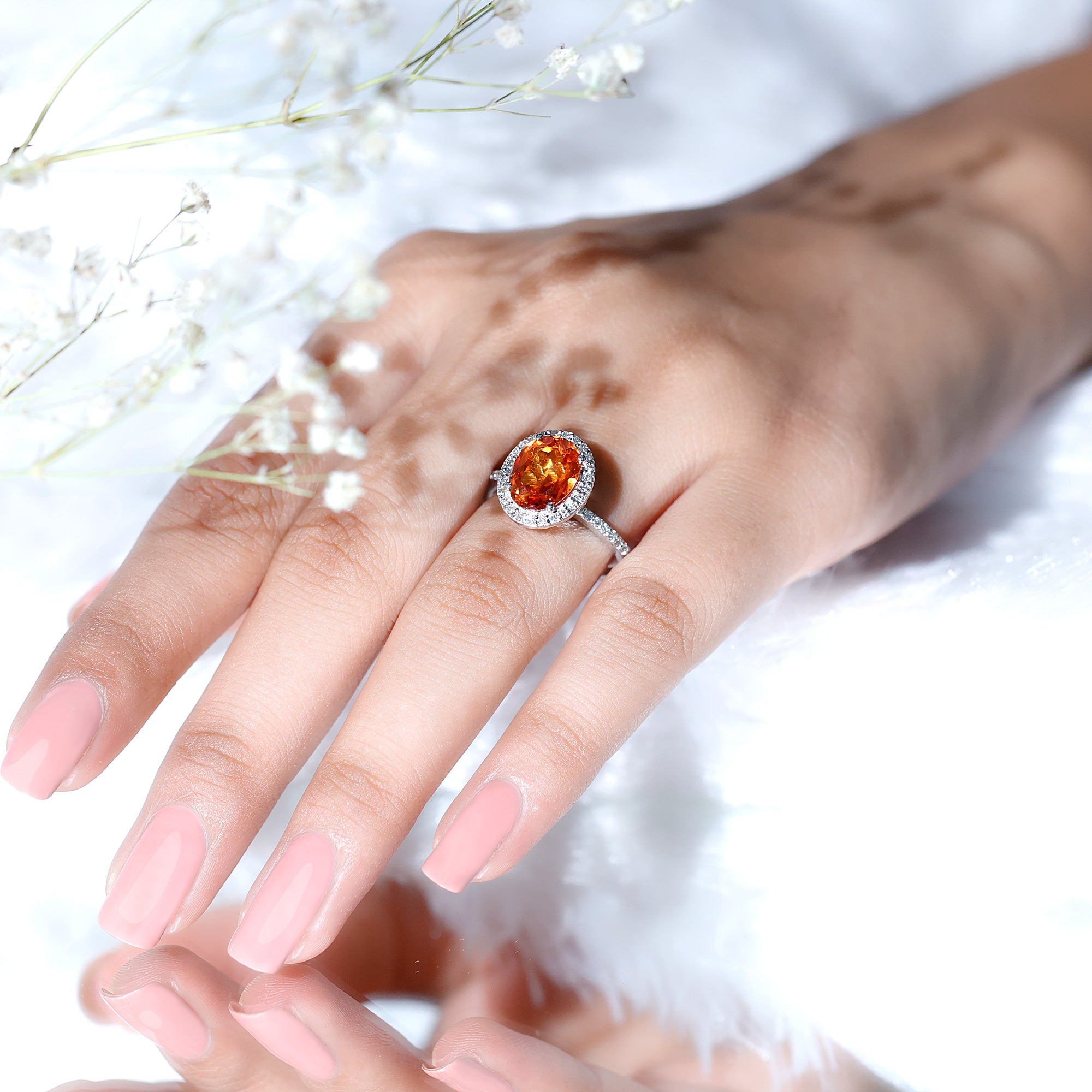 4 Carat Lab Grown Orange Sapphire Oval Engagement Ring with Diamond Halo AAAA - Rosec Jewels