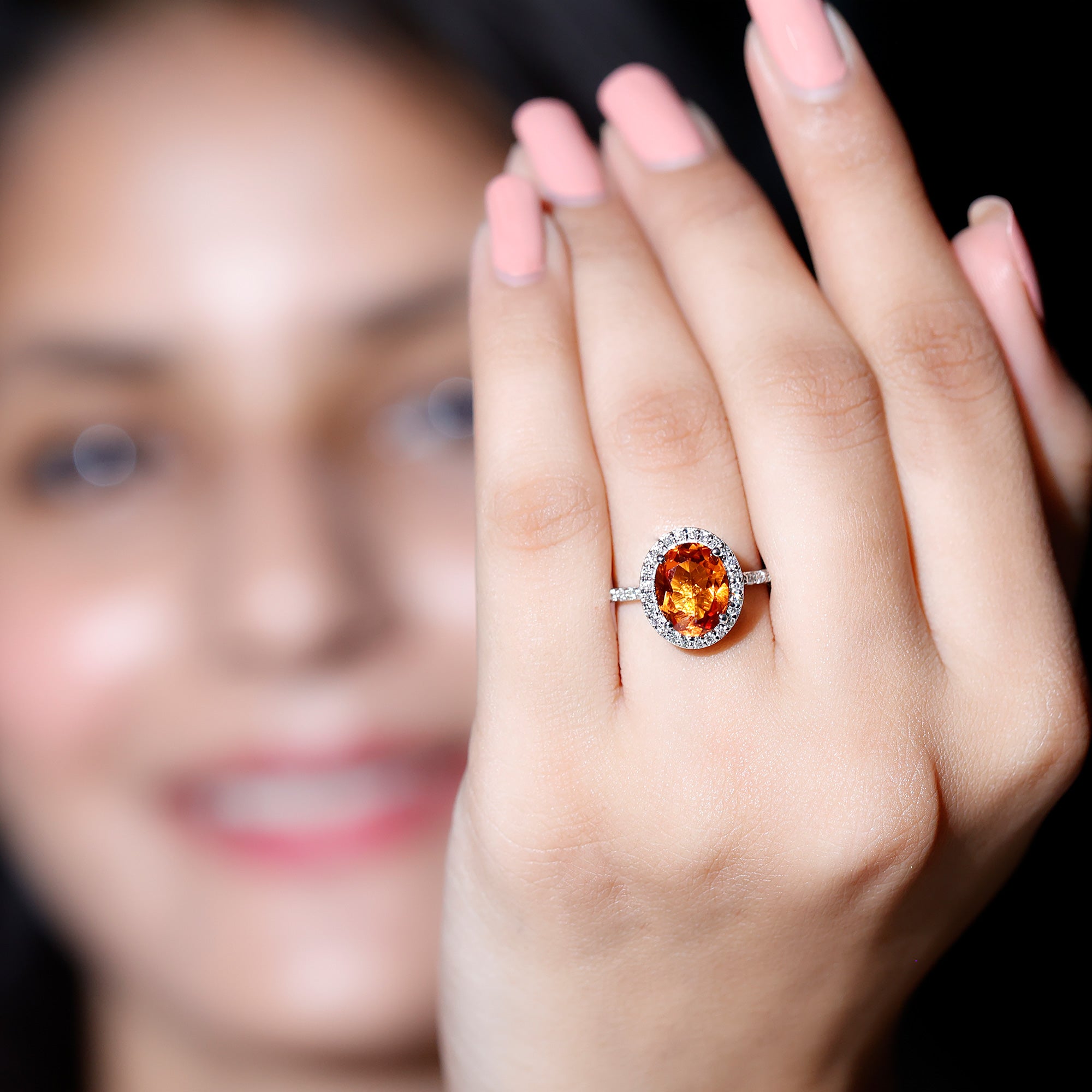 4 Carat Lab Grown Orange Sapphire Oval Engagement Ring with Diamond Halo AAAA - Rosec Jewels