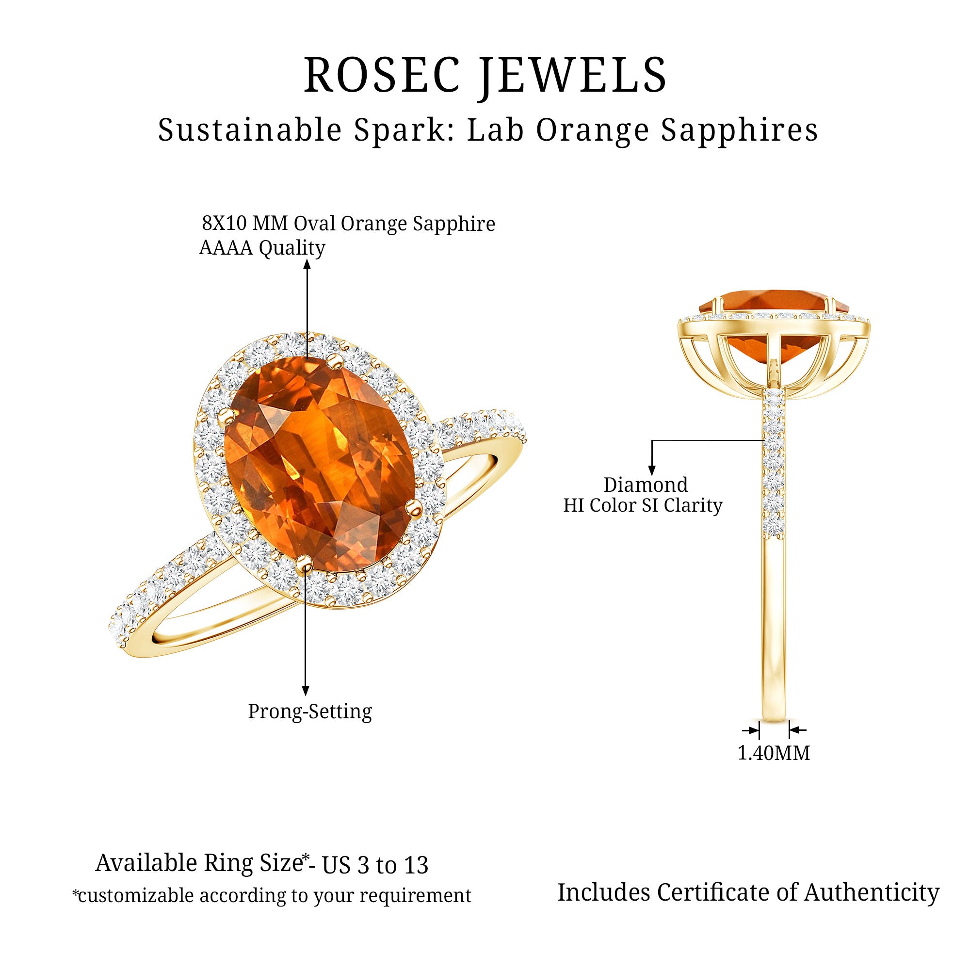 4 Carat Lab Grown Orange Sapphire Oval Engagement Ring with Diamond Halo AAAA - Rosec Jewels