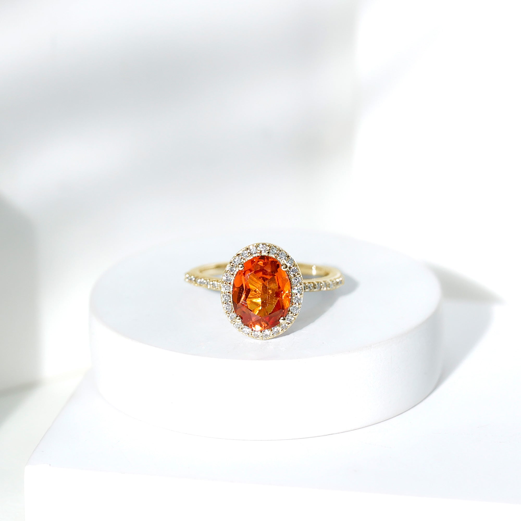 4 Carat Lab Grown Orange Sapphire Oval Engagement Ring with Diamond Halo AAAA - Rosec Jewels