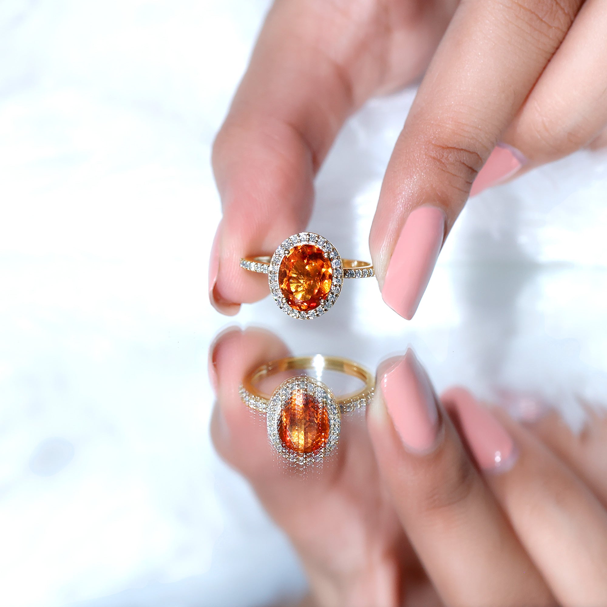 4 Carat Lab Grown Orange Sapphire Oval Engagement Ring with Diamond Halo AAAA - Rosec Jewels