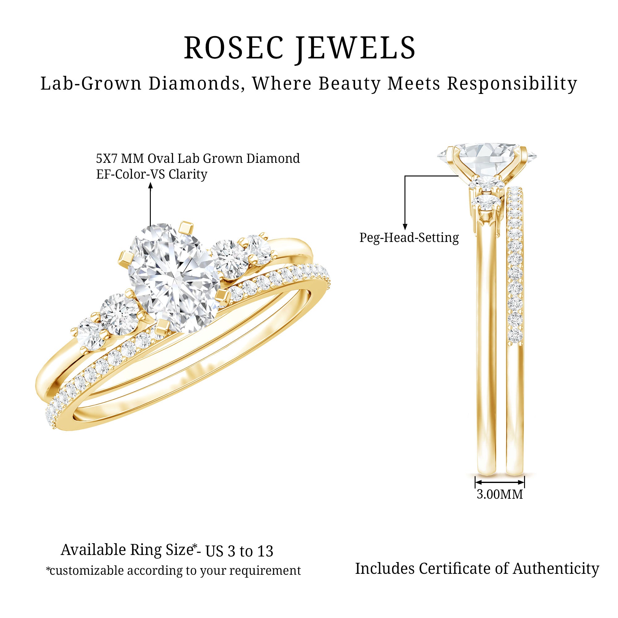 Certified 0.75 Carat Oval Lab Grown Diamond Wedding Bridal Ring Set Lab - ( EF-VS ) - Rosec Jewels