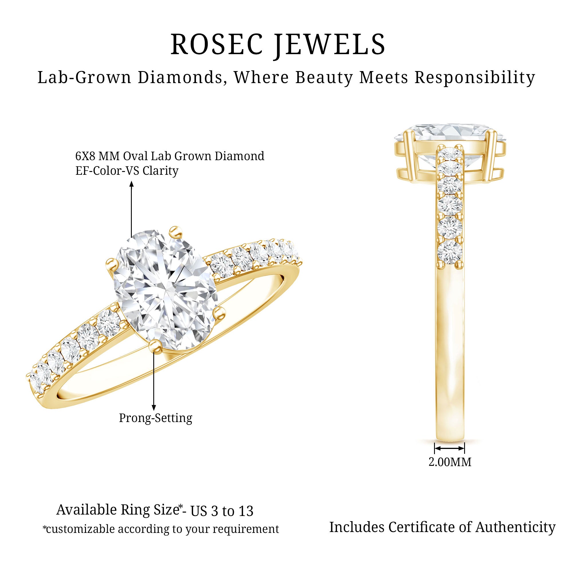 Certified 6X8 MM Lab Grown Diamond Oval Engagement Ring Lab - ( EF-VS ) - Rosec Jewels