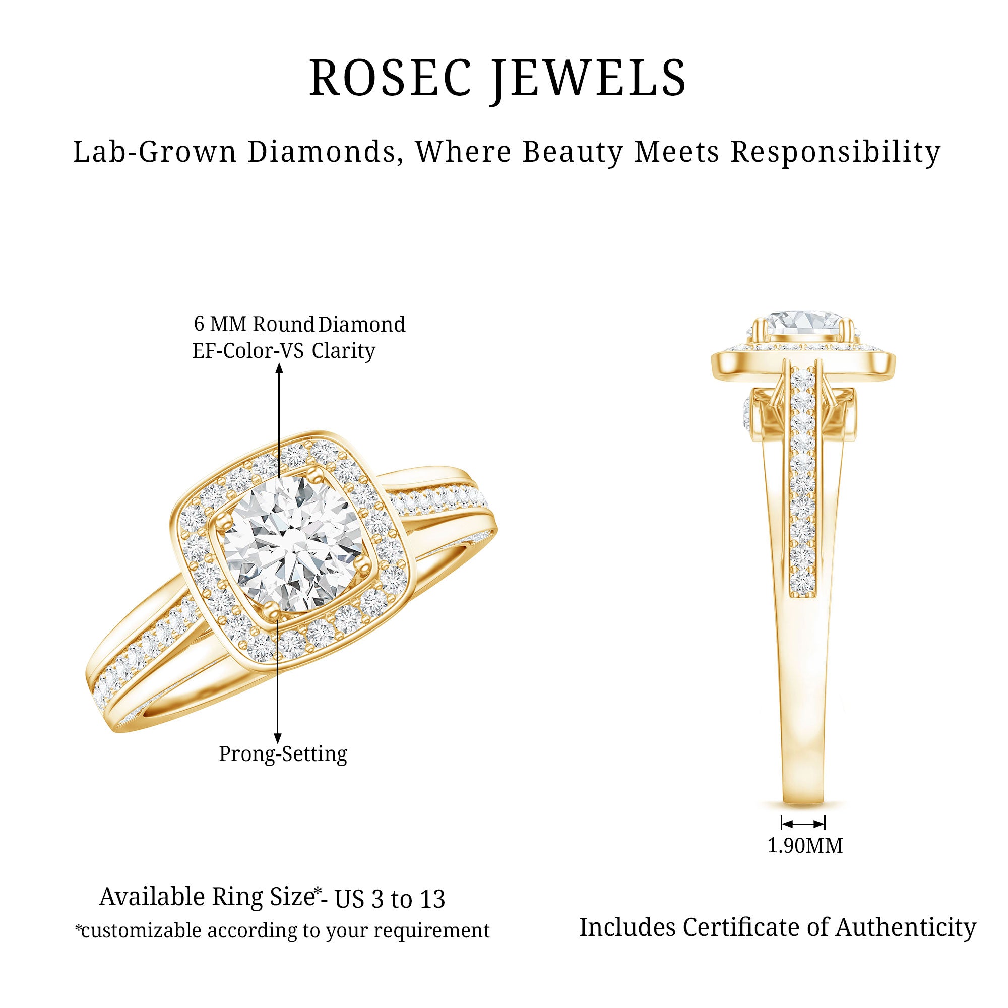 Certified 6 MM Lab Grown Diamond Halo Engagement Ring Lab - ( EF-VS ) - Rosec Jewels