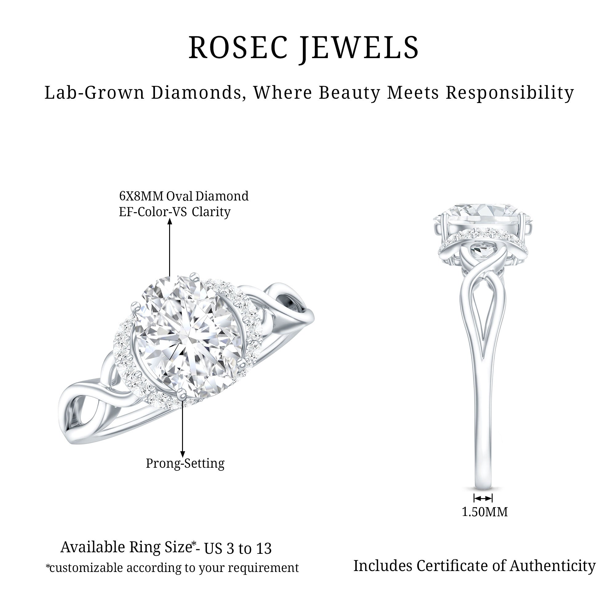 Lab Grown Diamond 6X8 MM Oval Engagement Ring For Women Lab - ( EF-VS ) - Rosec Jewels