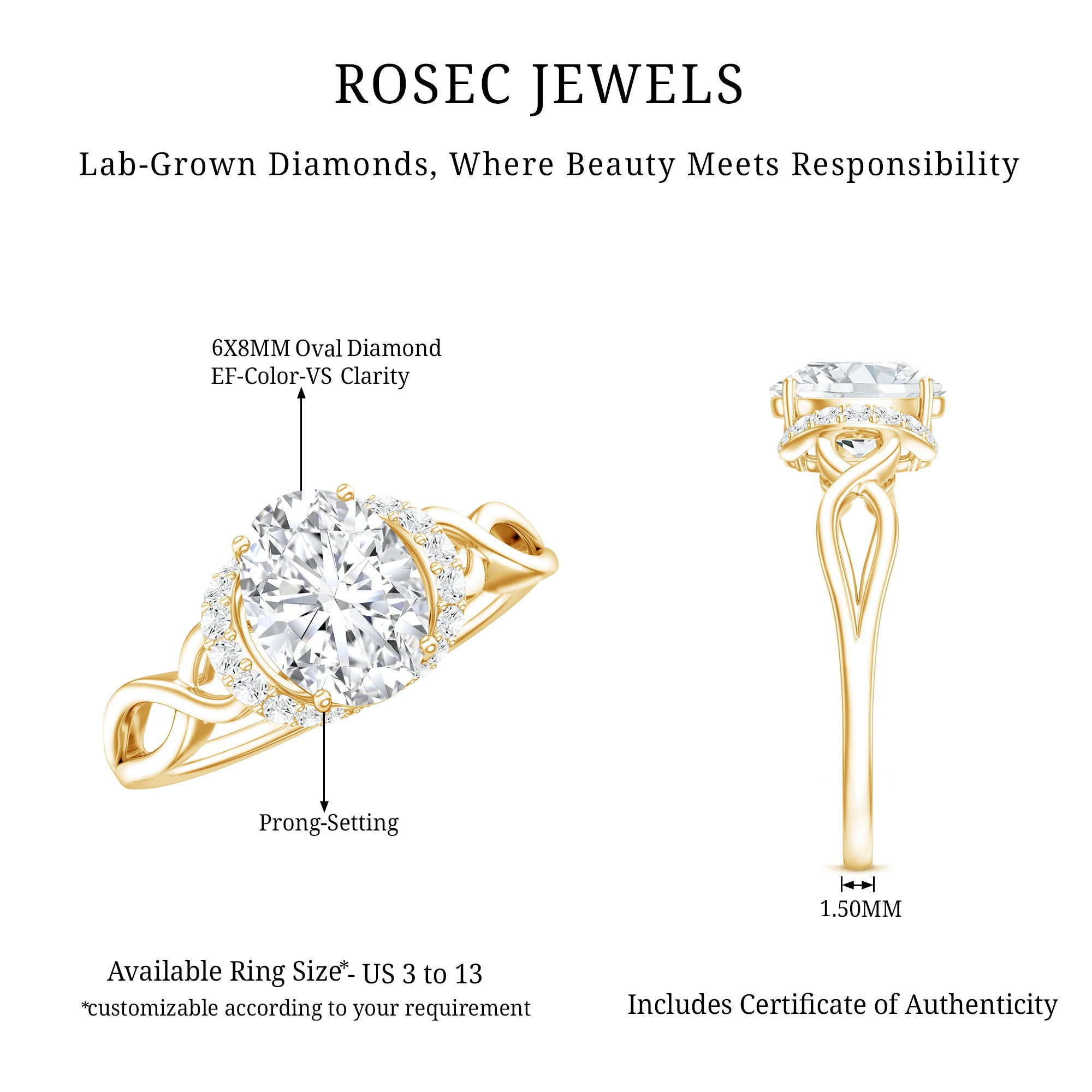 Lab Grown Diamond 6X8 MM Oval Engagement Ring For Women Lab - ( EF-VS ) - Rosec Jewels
