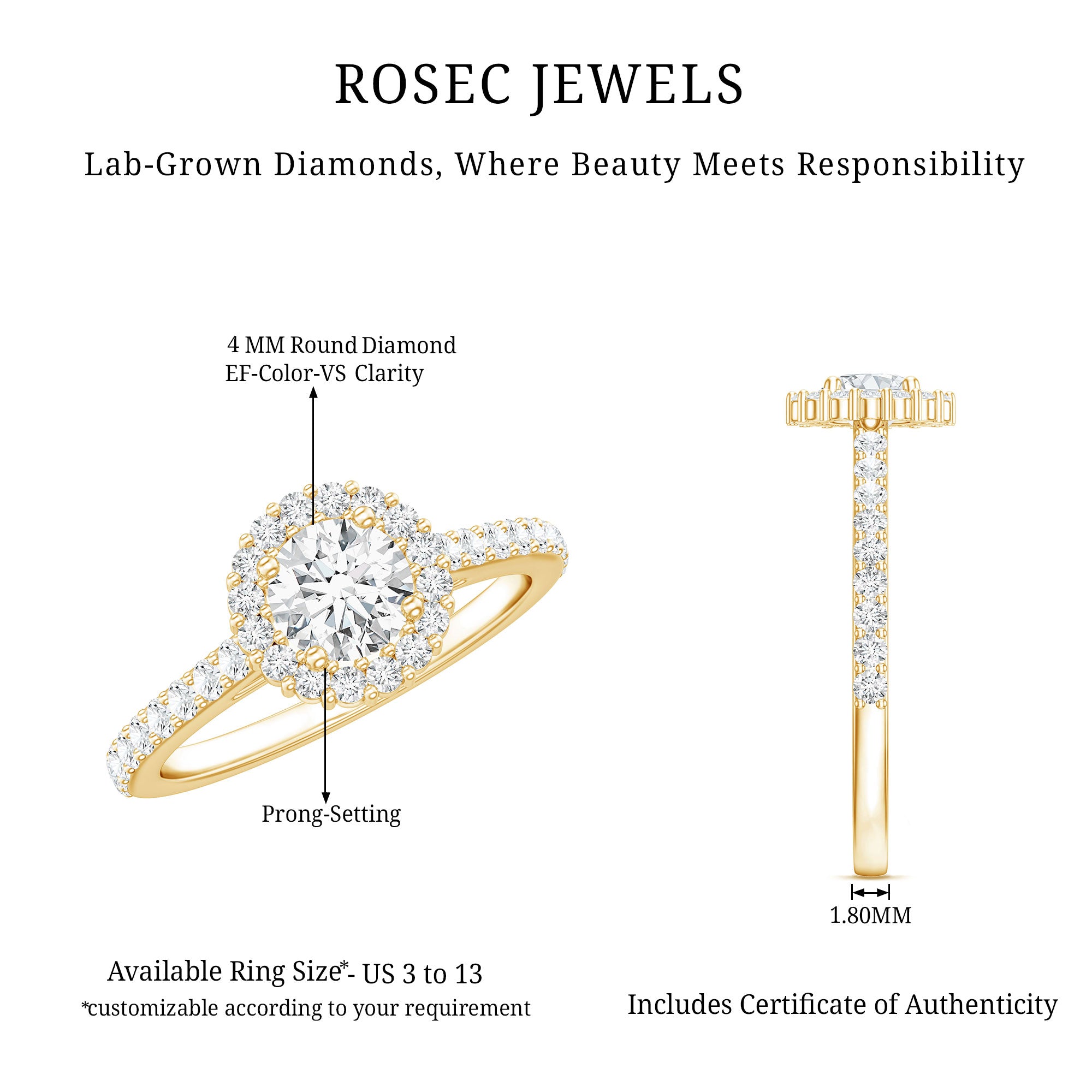 Rosec Jewels-Lab Grown Diamond Halo Engagement Ring With Side Stones