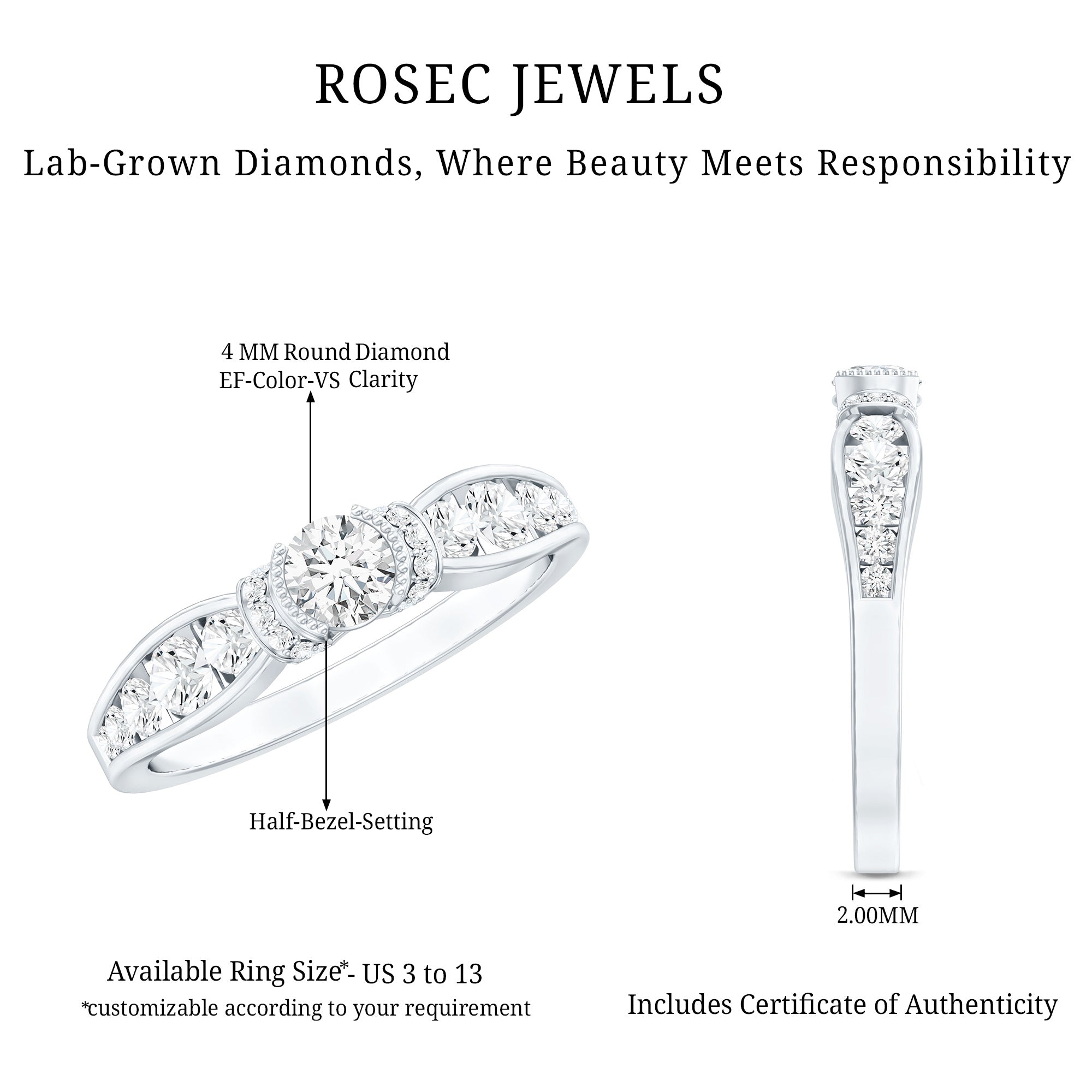 Certified Lab Grown Diamond Minimalist Engagement Ring Lab - ( EF-VS ) - Rosec Jewels