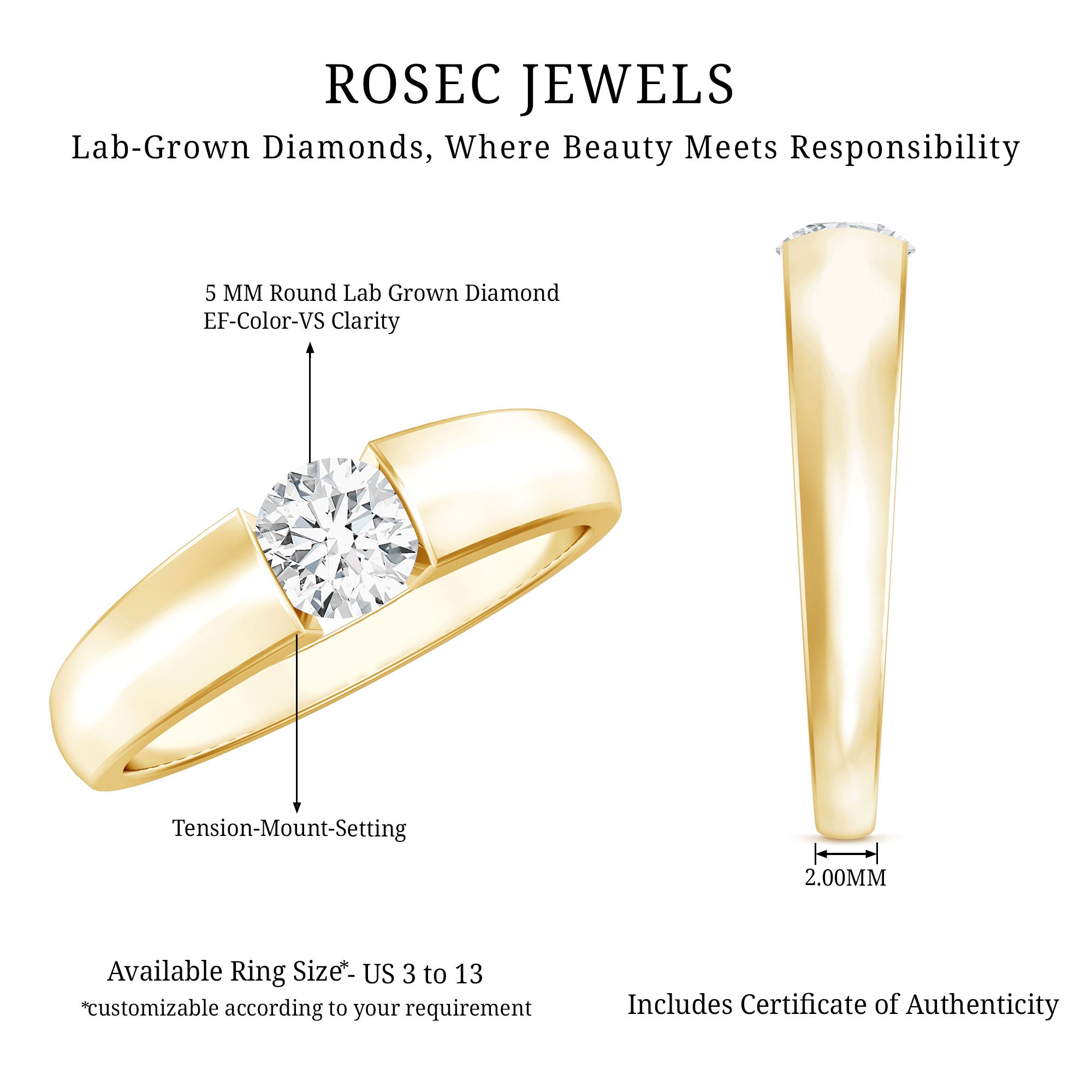 0.4 Carat Tension Mount Set Lab Grown Diamond Solitaire Band Ring Lab - ( EF-VS ) - Rosec Jewels