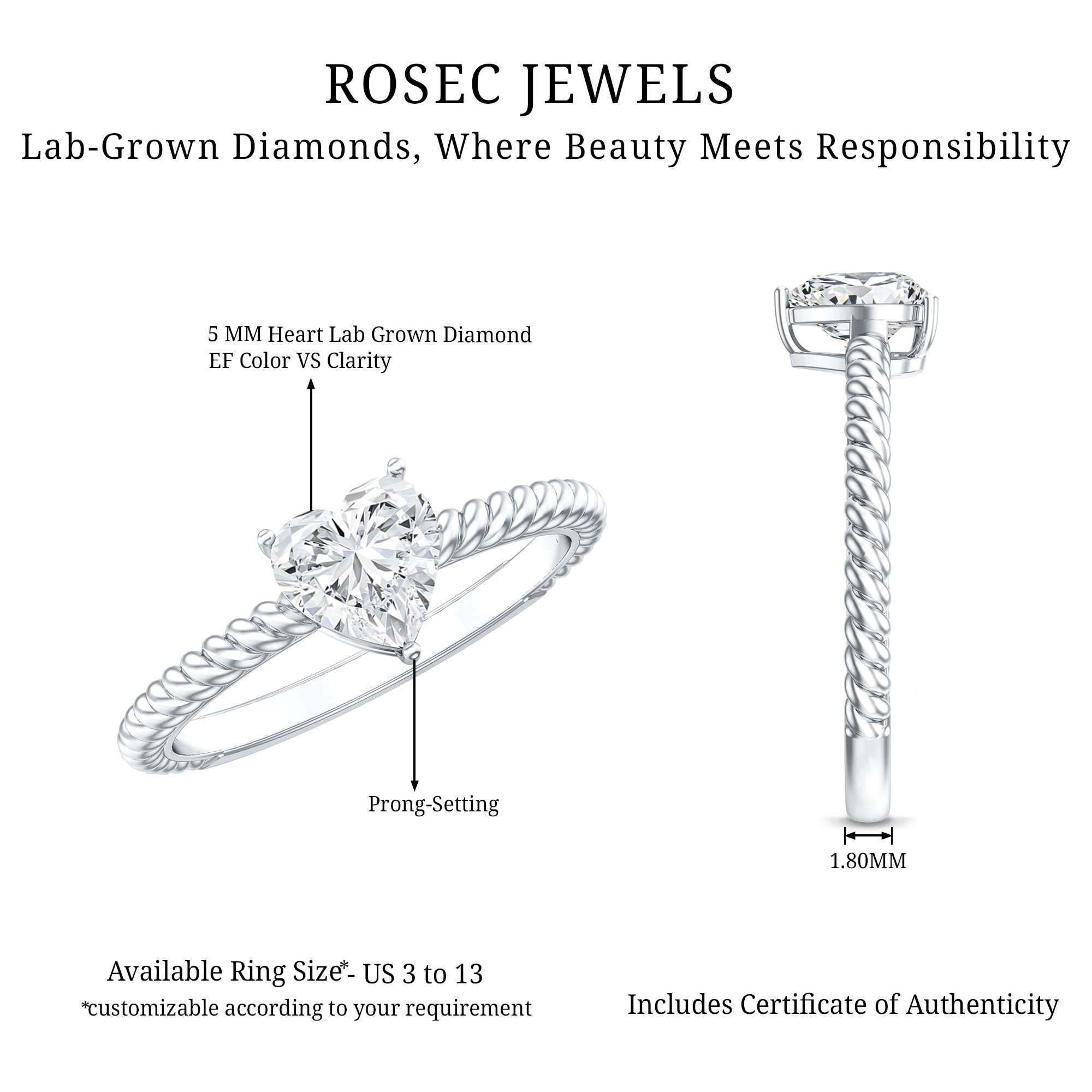 Certified 5 MM Heart Lab Grown Diamond Solitaire Promise Ring Lab - ( EF-VS ) - Rosec Jewels