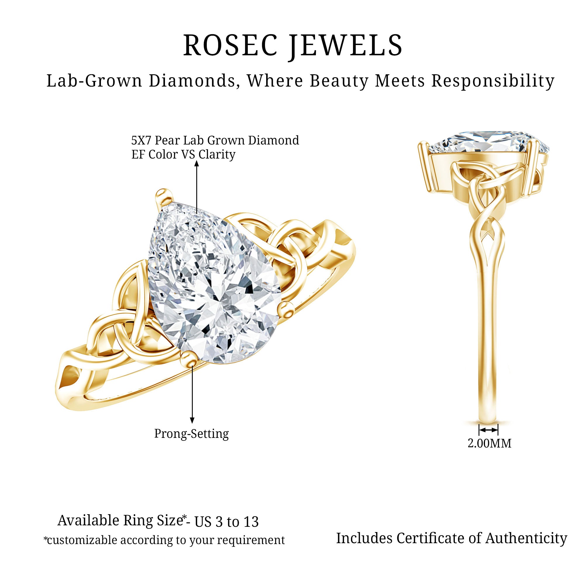 0.6 Carat Lab Grown Diamond Teardrop Solitaire Engagement Ring Lab - ( EF-VS ) - Rosec Jewels