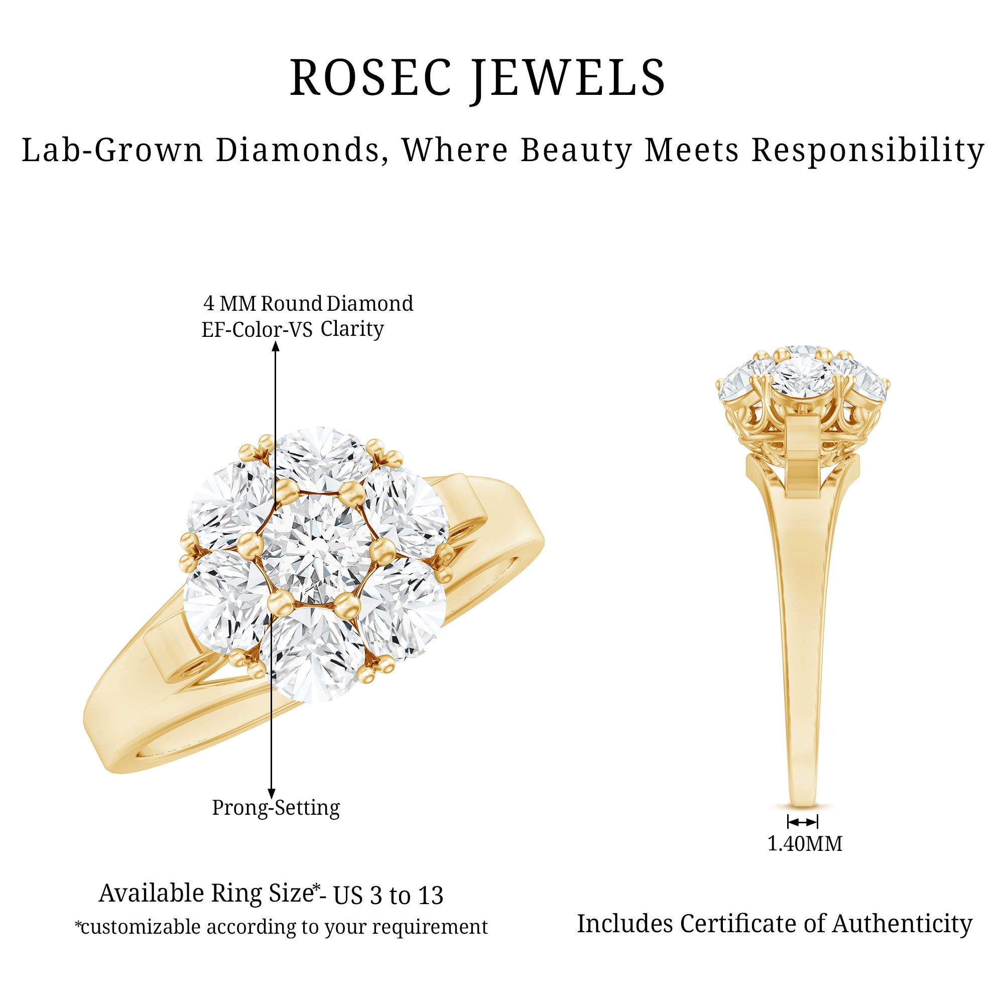 Certified Lab Grown Diamond Flower Engagement Ring Lab - ( EF-VS ) - Rosec Jewels