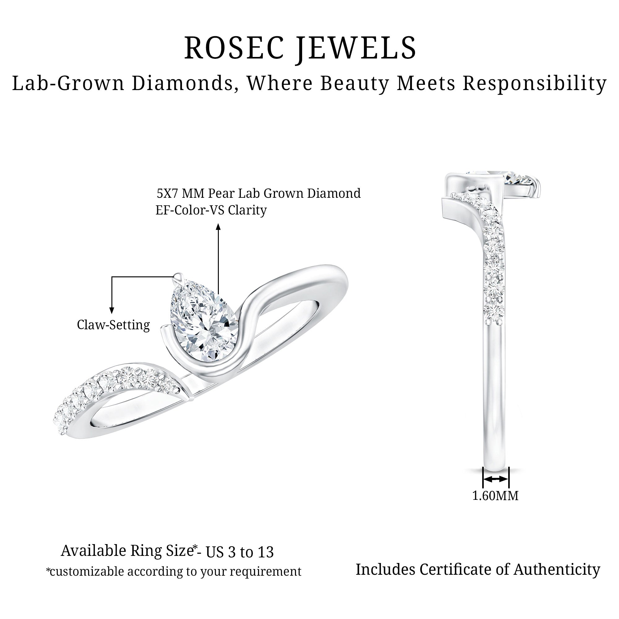 Certified Lab Grown Diamond Designer Promise Ring Lab - ( EF-VS ) - Rosec Jewels