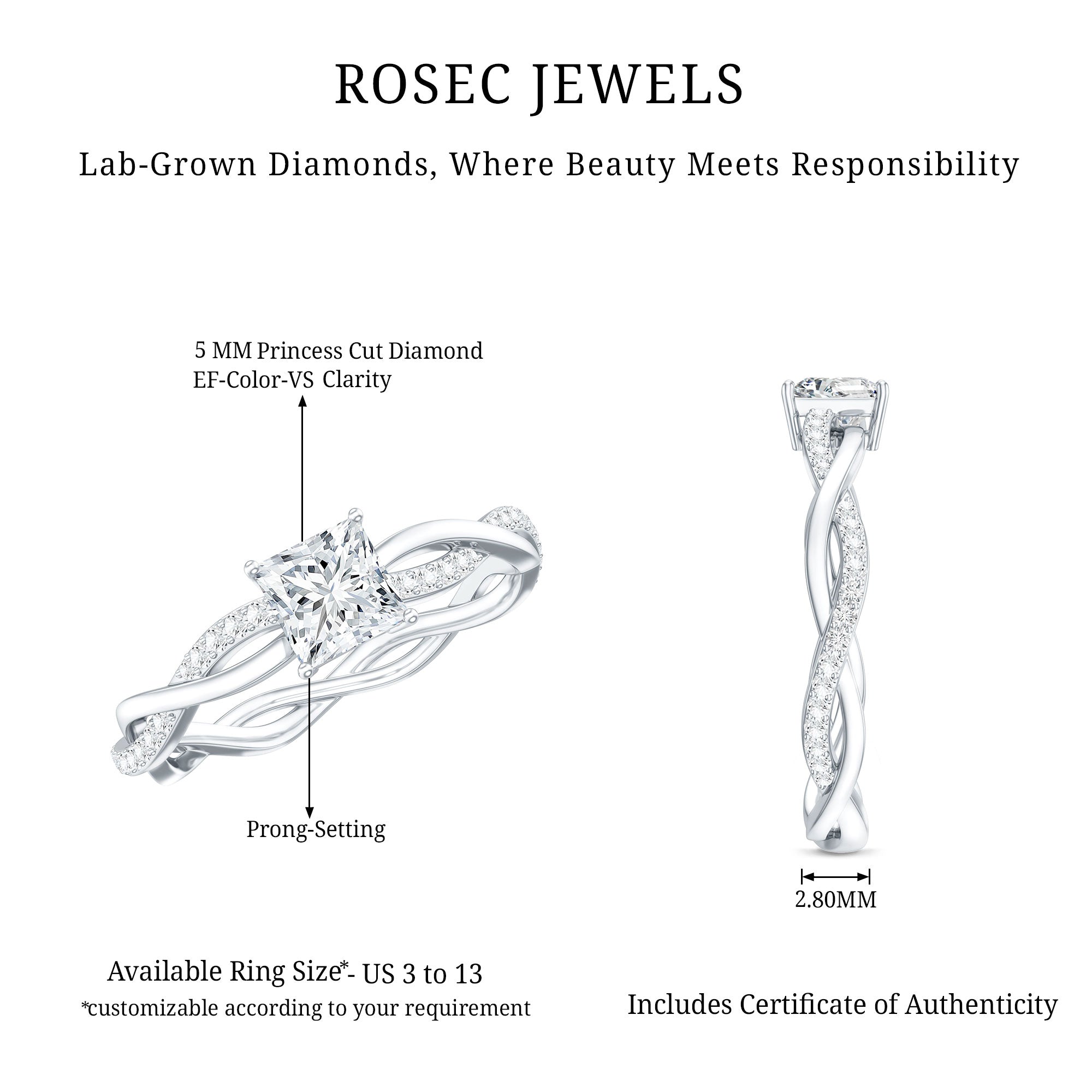 Certified Lab Grown Diamond 6MM Princess Cut Engagement Ring Lab - ( EF-VS ) - Rosec Jewels