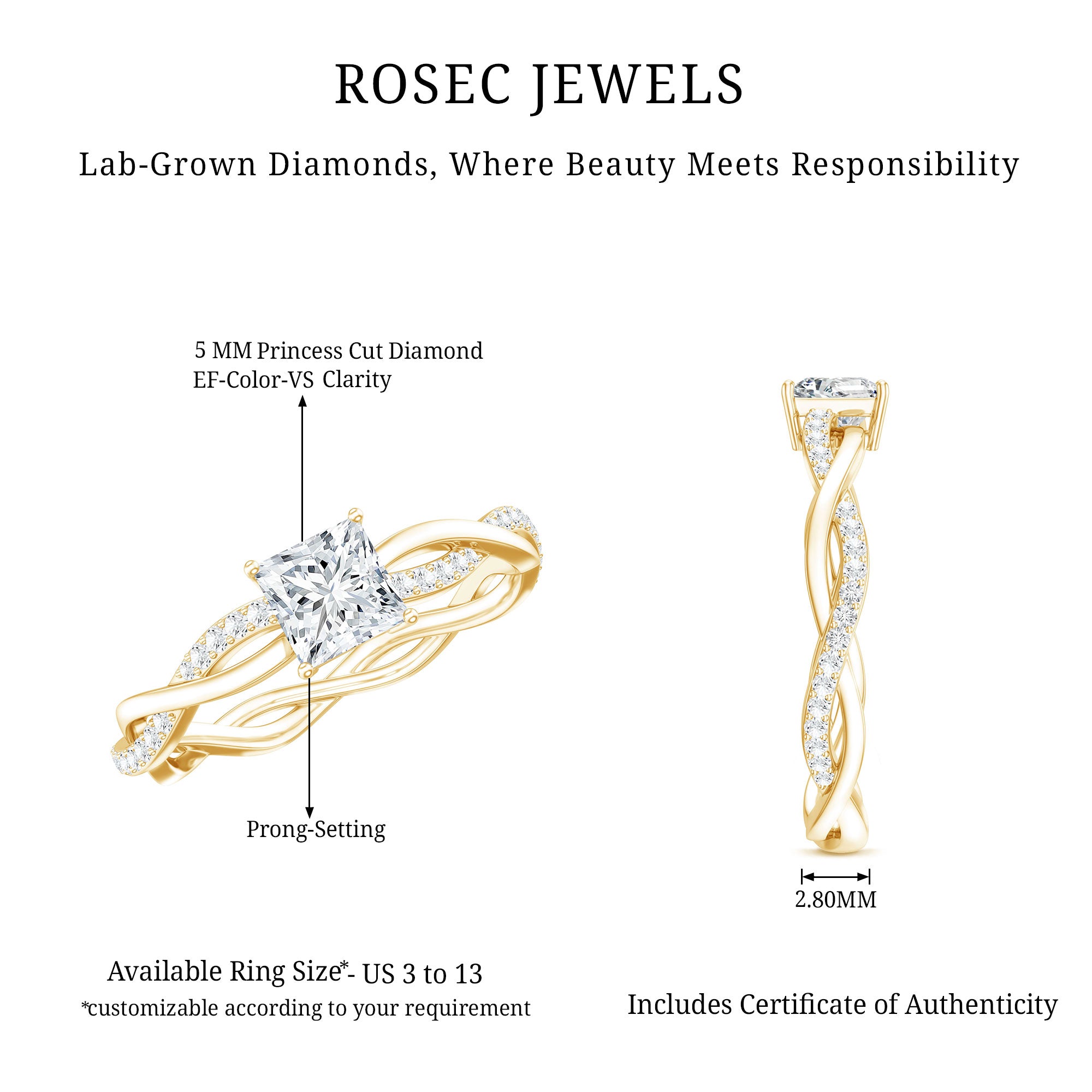 Certified Lab Grown Diamond 6MM Princess Cut Engagement Ring Lab - ( EF-VS ) - Rosec Jewels
