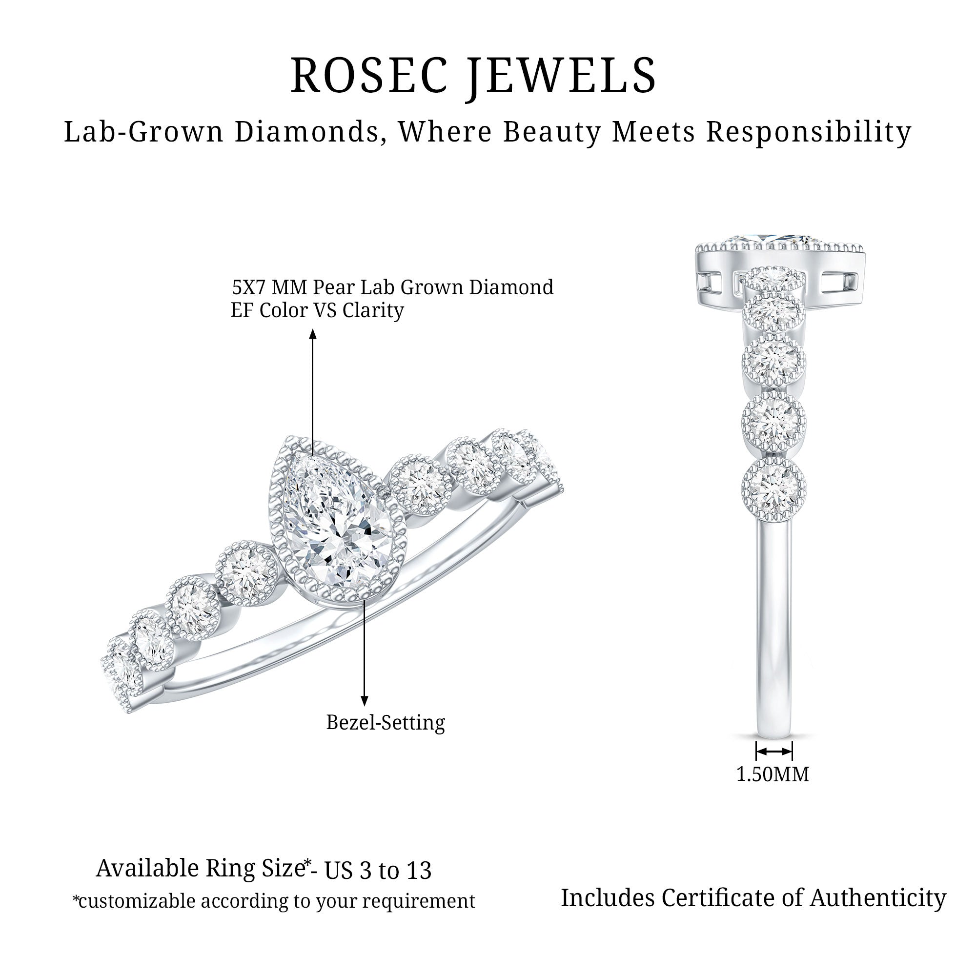 Lab Grown Diamond 5X7 MM Pear Shaped Engagement Ring With Side Stones Lab - ( EF-VS ) - Rosec Jewels