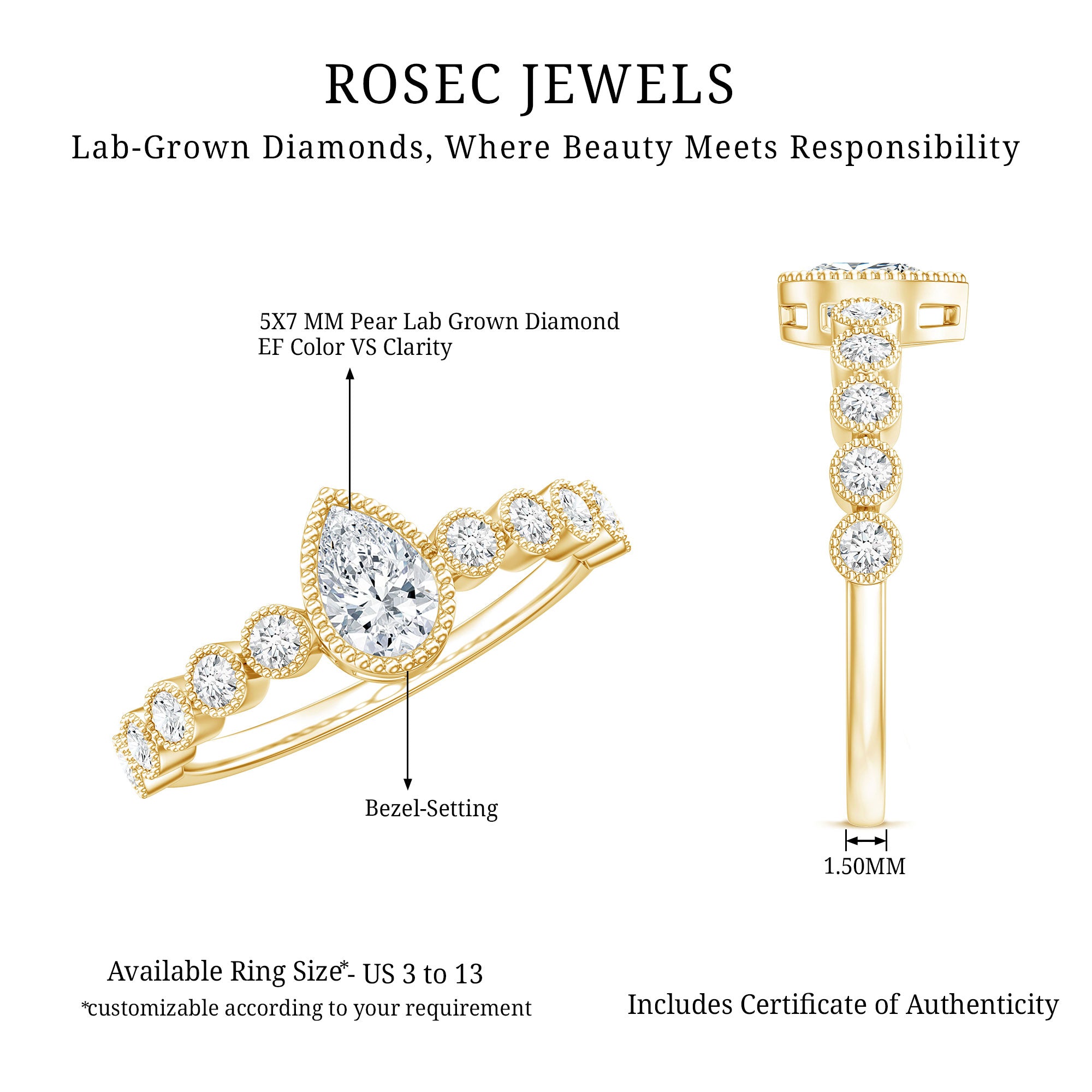 Lab Grown Diamond 5X7 MM Pear Shaped Engagement Ring With Side Stones Lab - ( EF-VS ) - Rosec Jewels