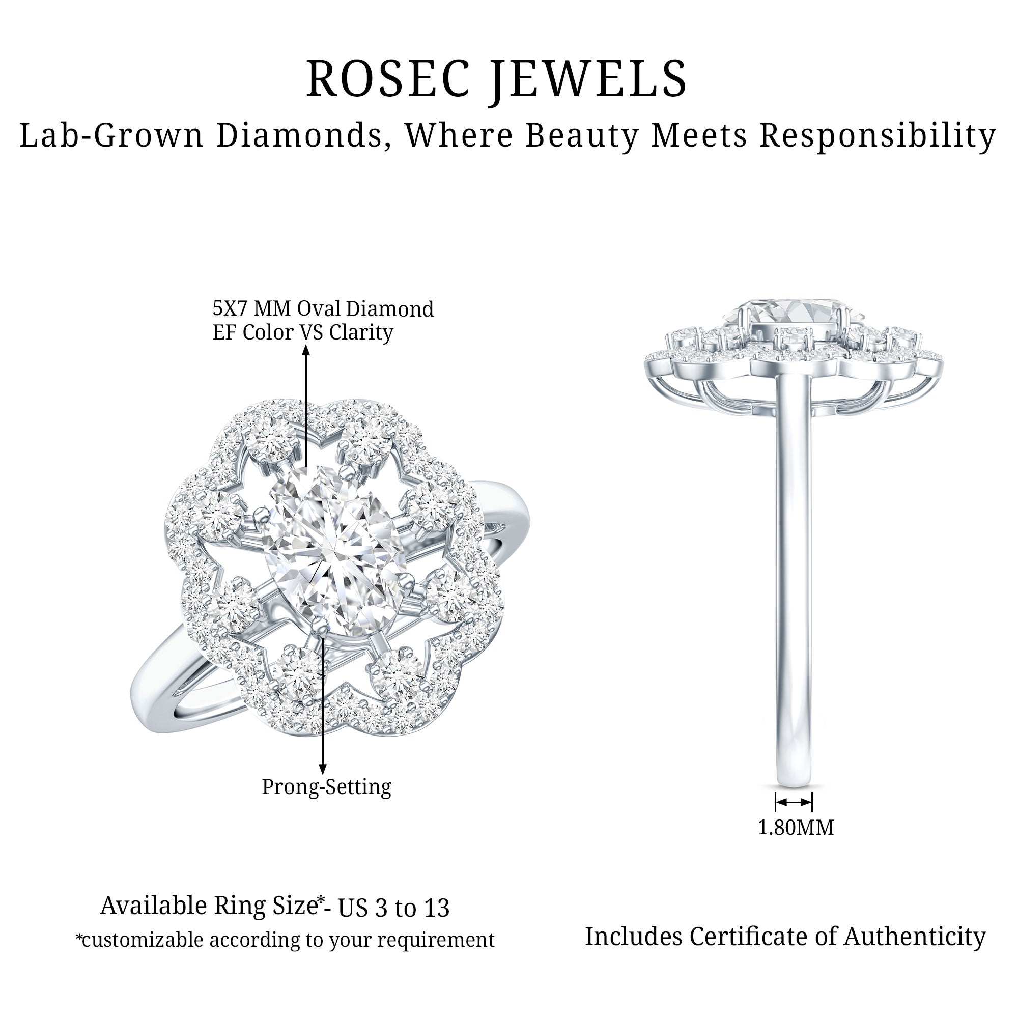 Certified Lab Grown Diamond Statement Engagement Ring Lab - ( EF-VS ) - Rosec Jewels