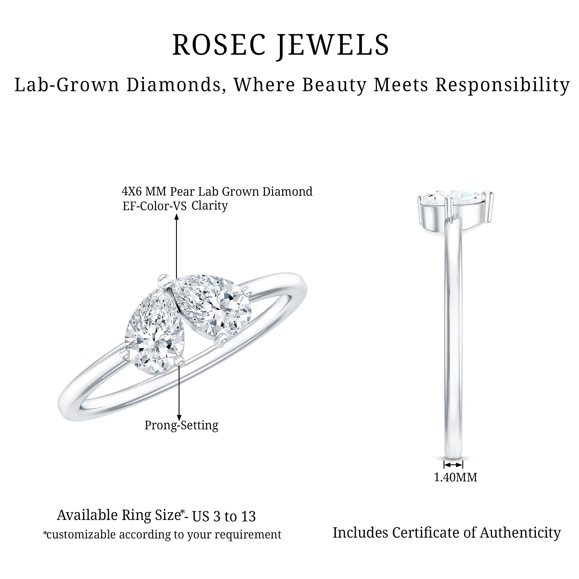 Certified Lab Grown Diamond 2 Stone Promise Ring Lab - ( EF-VS ) - Rosec Jewels